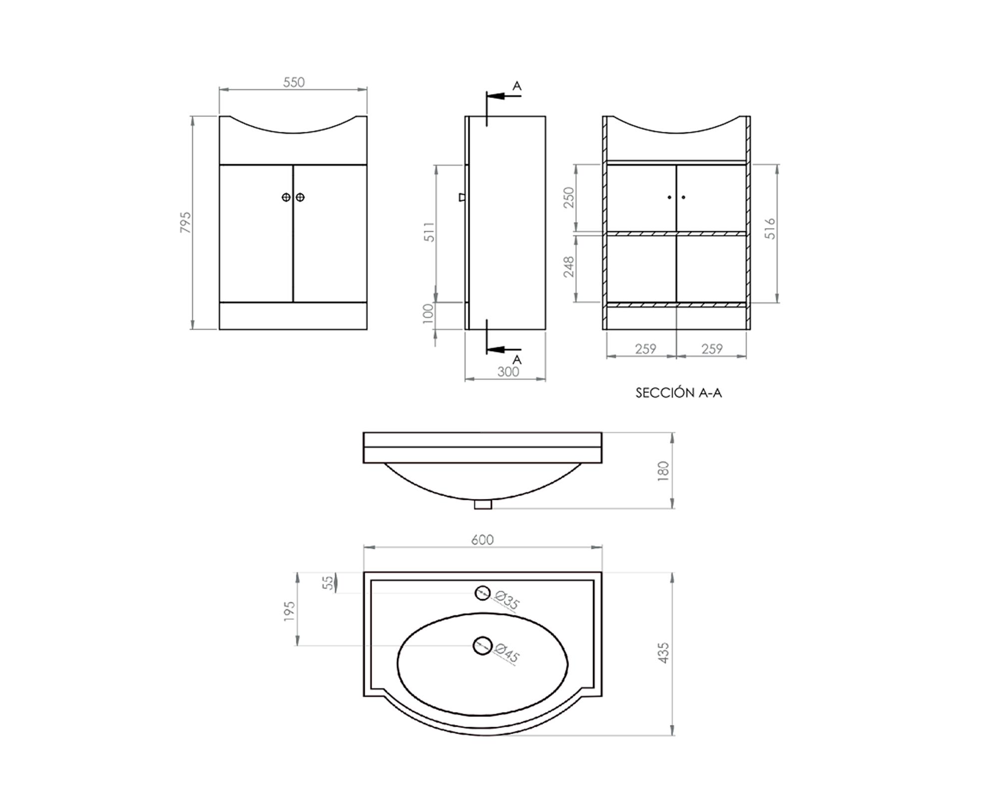 Kit mueble vanitorio Marie rústico 60x80 cm + cubierta-3