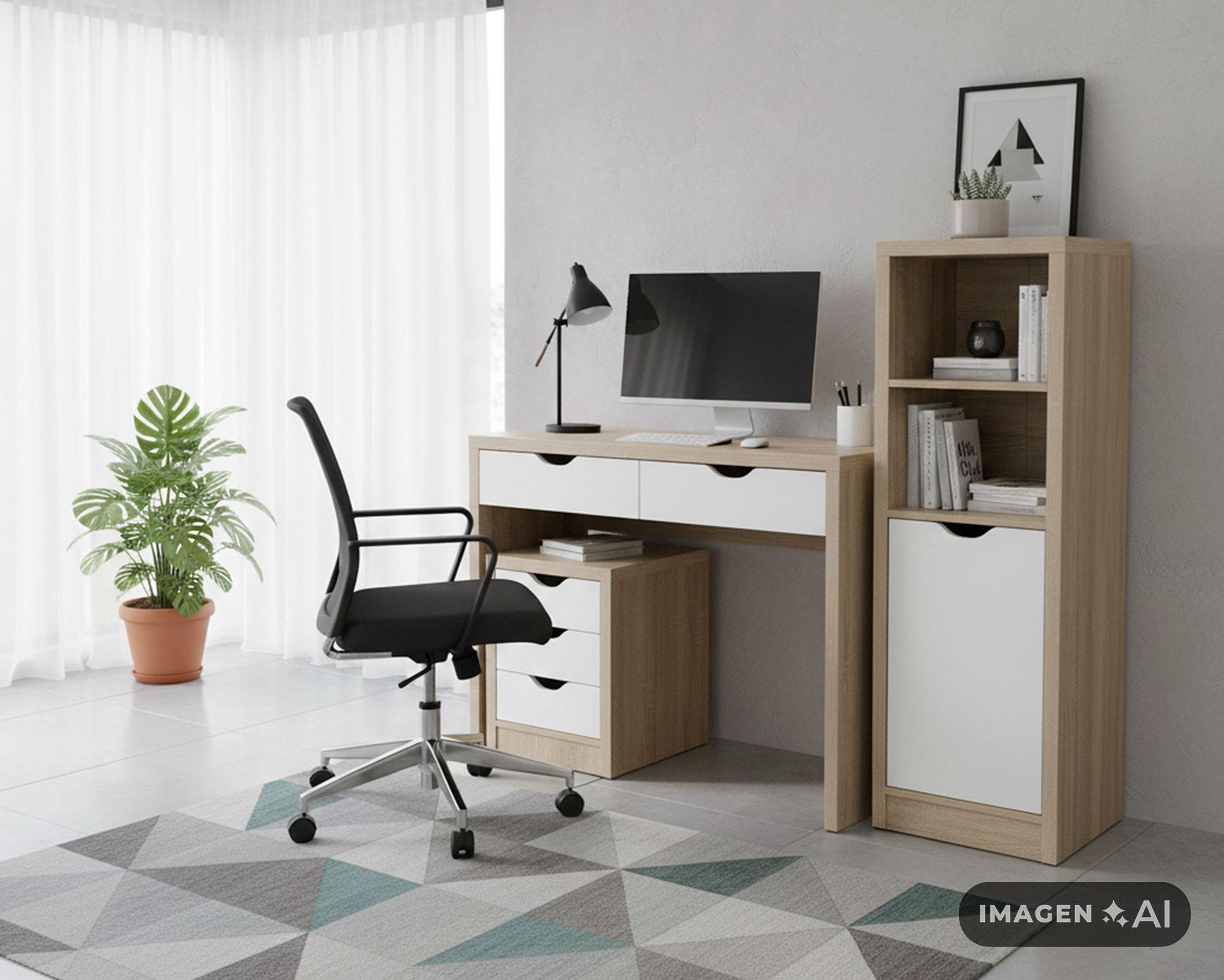 Escritorio + cajonera + librero blanco/natural-13