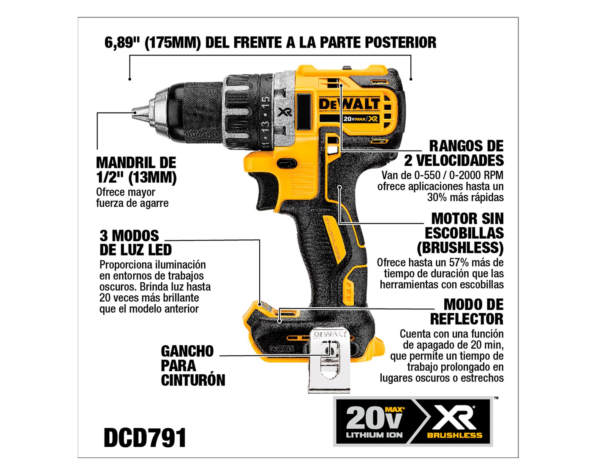 Taladro inalámbrico DCD791B-B3 20V 13 mm sin batería-3