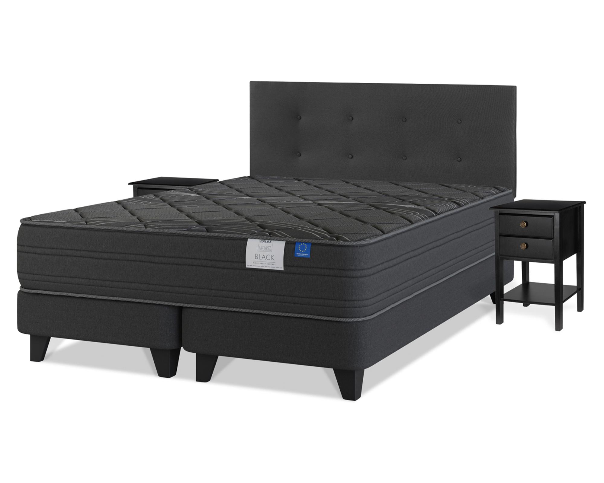 Cama europea Black king base dividida + respaldo Royal negro + veladores Rover-1