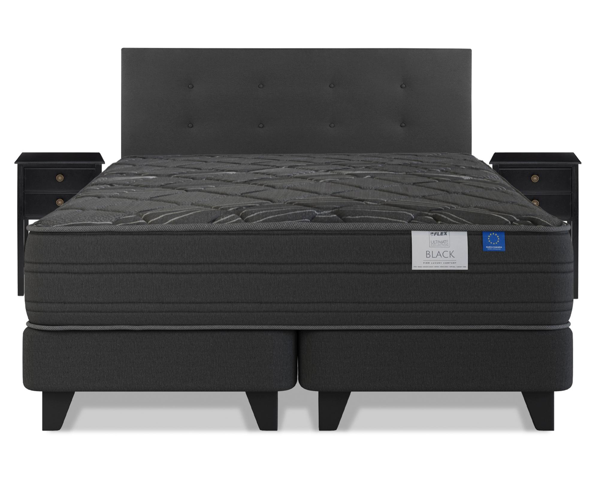 Cama europea Black king base dividida + respaldo Royal negro + veladores Rover-0