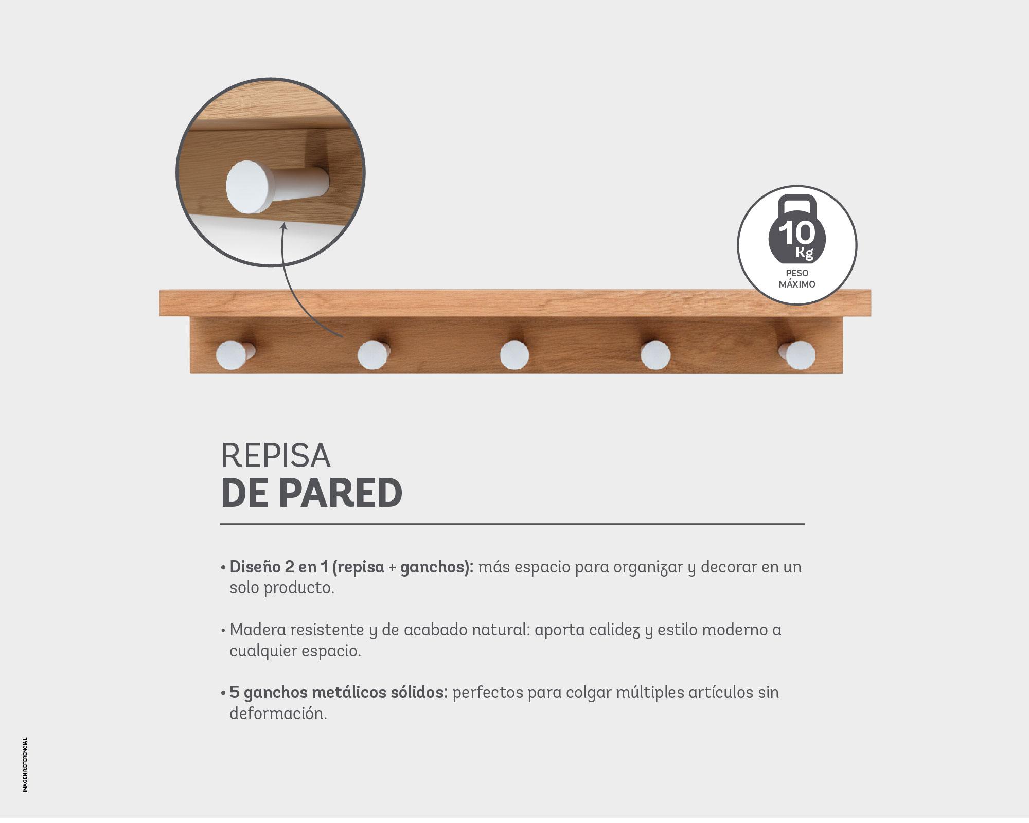 Repisa pared 5 ganchos madera/blanco-3