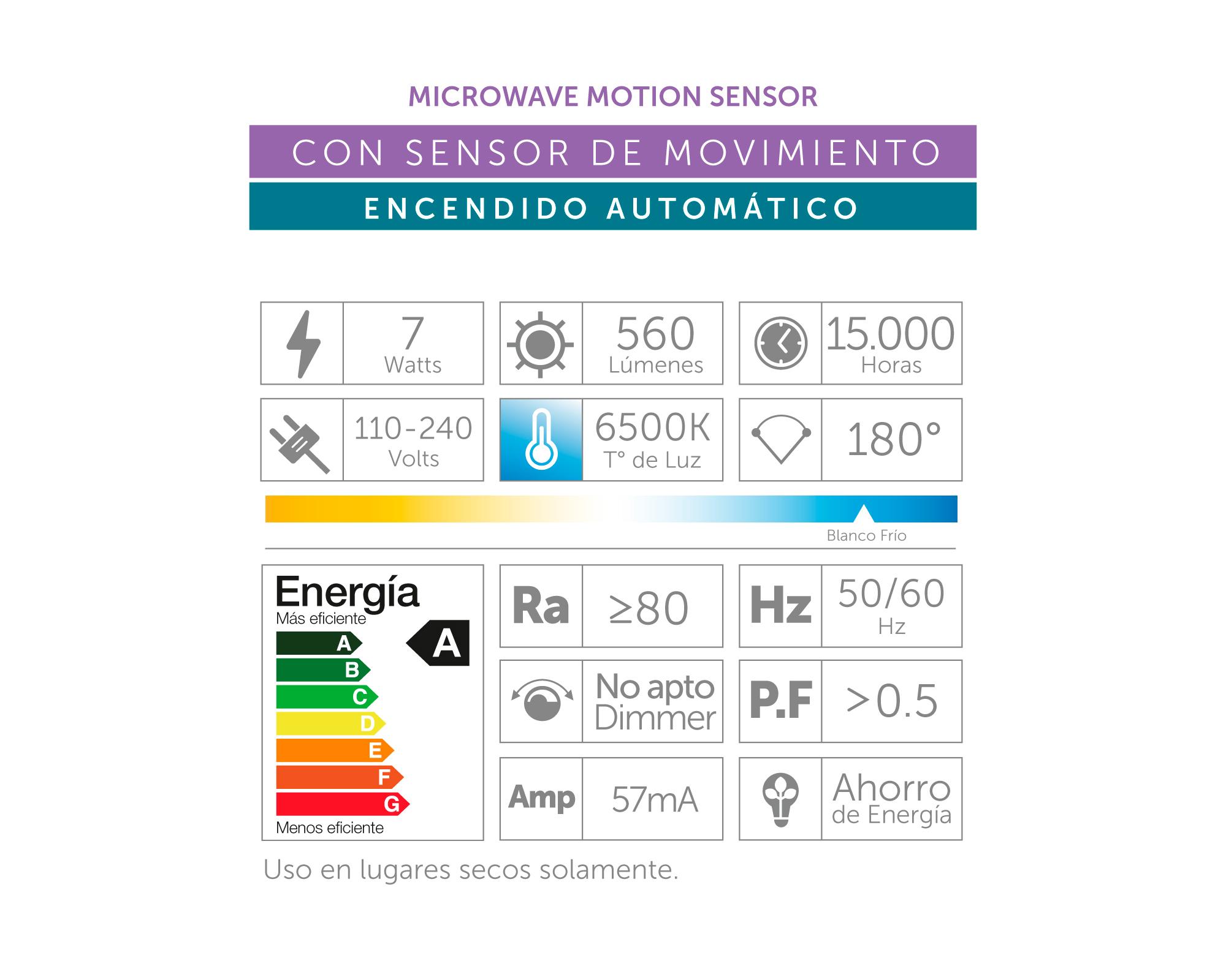 Ampolleta led sensor de movimiento 7 W E27 luz fría LB-A60MS3-3