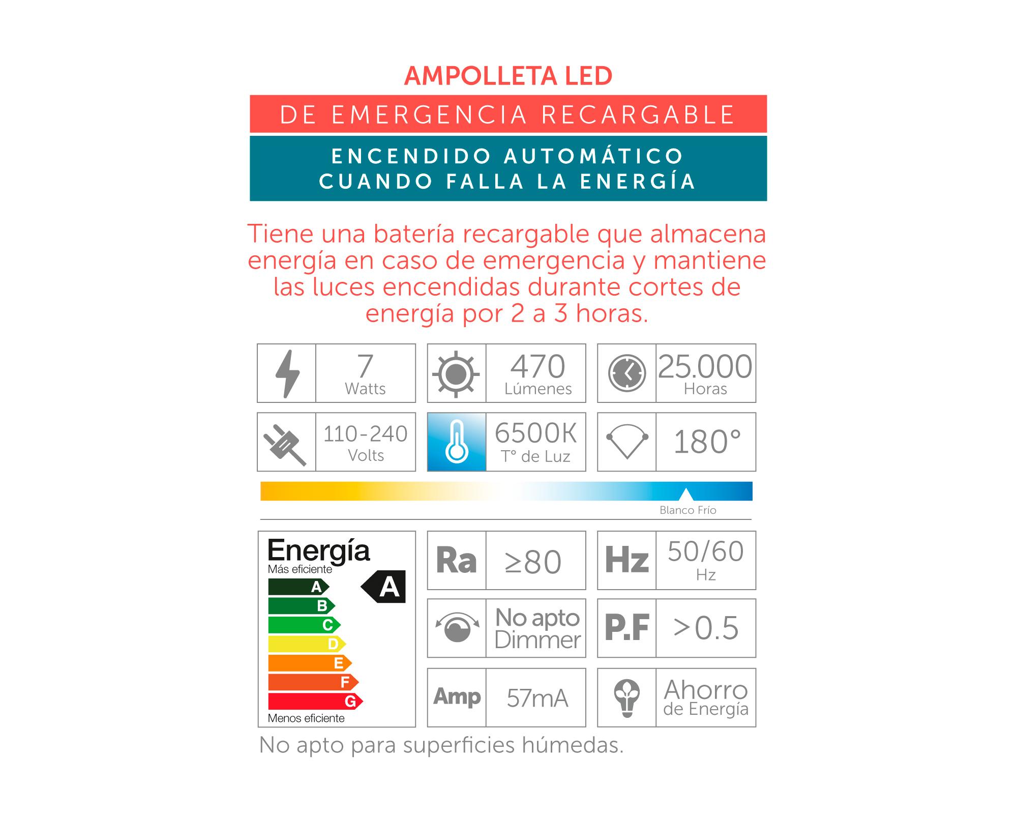 Ampolleta Led 7W E27 luz fría LB-A60EL5 Emergencia-3