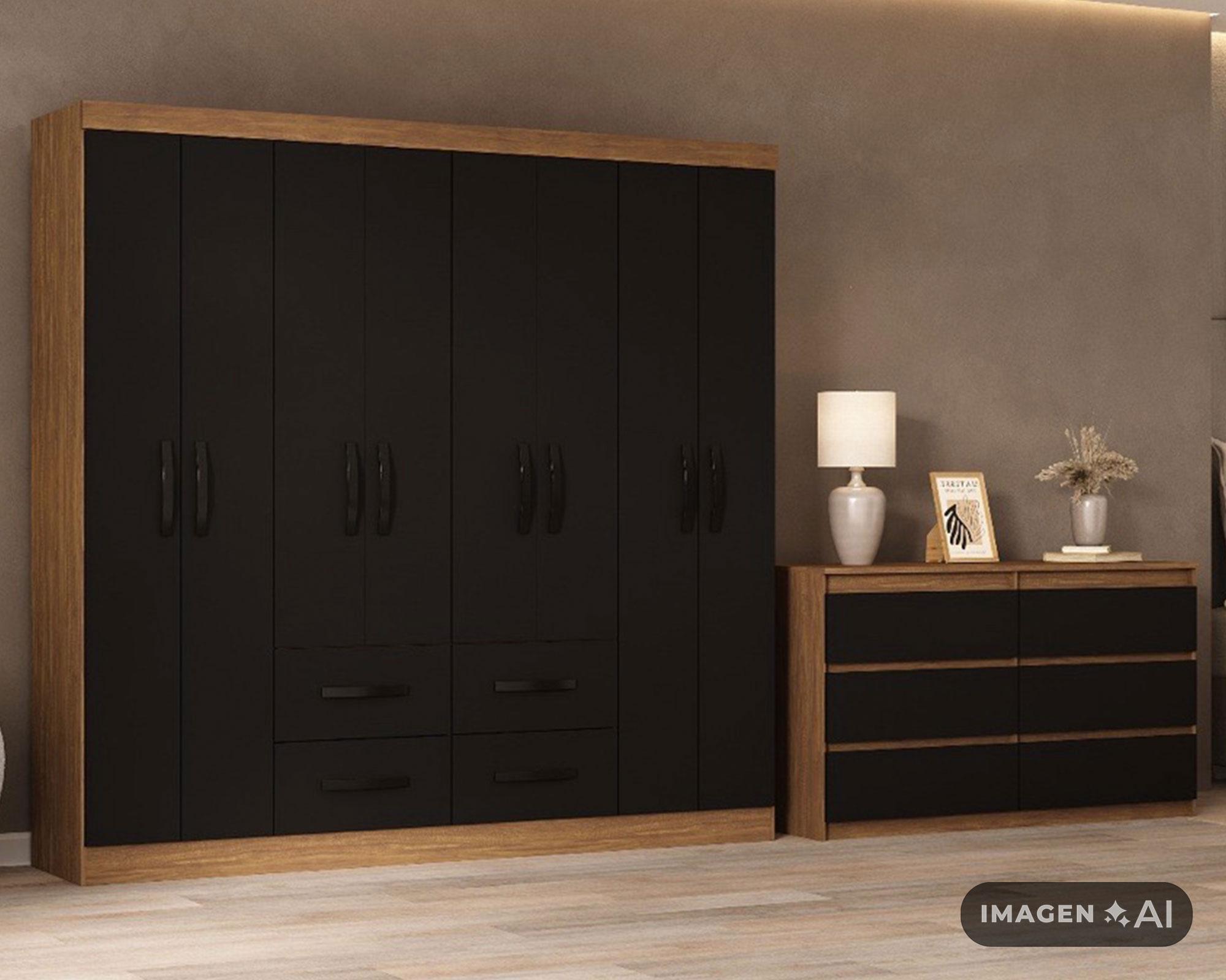 Clóset 8 puertas 4 cajones acacia/negro 177x182x40 cm-2