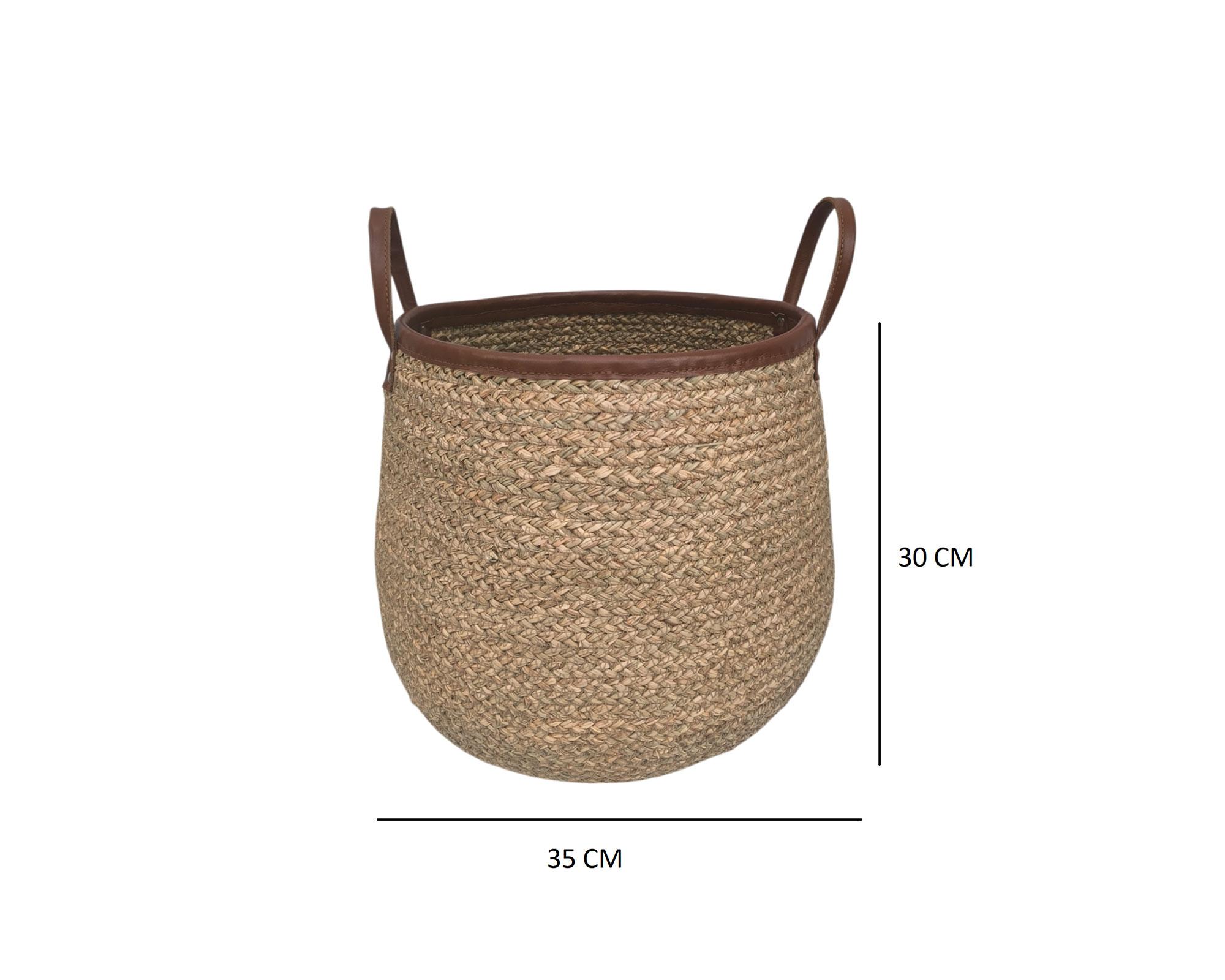 Canasto Fibra natural Borde cuero 35 cm-2