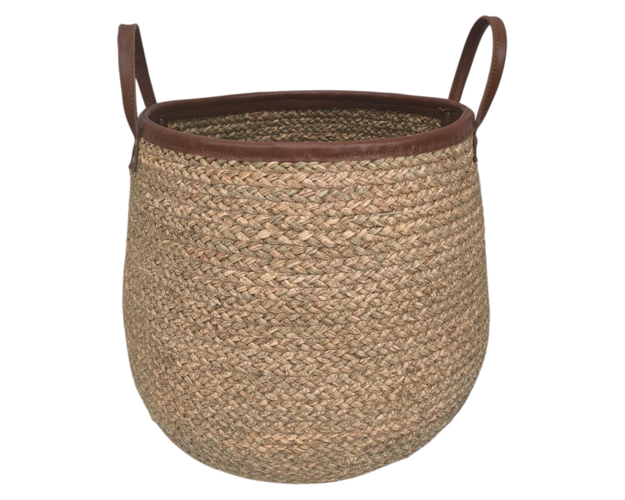 Canasto Fibra natural Borde cuero 35 cm-1