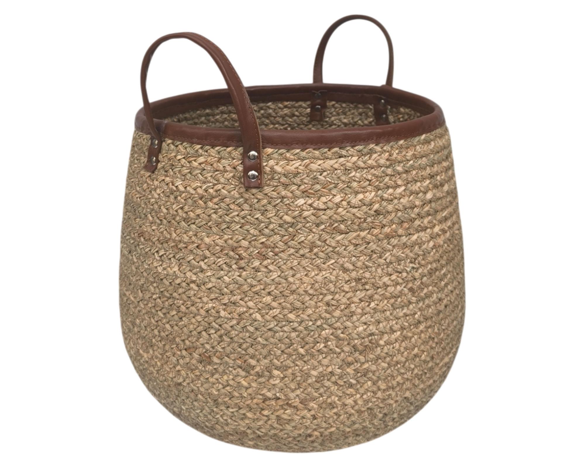 Canasto Fibra natural Borde cuero 35 cm-0
