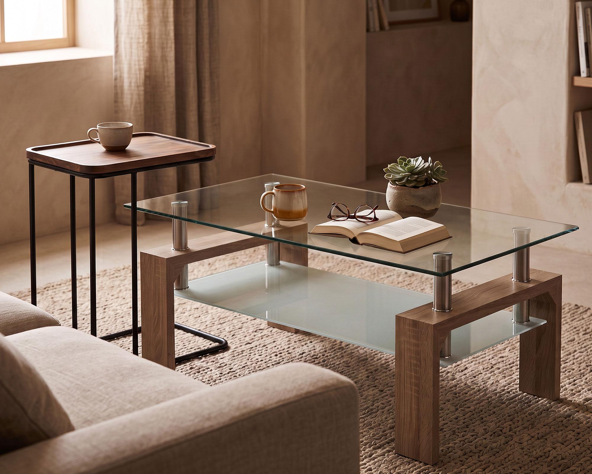 Mesa lateral Acacia natural/negro 55x40x30 cm-9