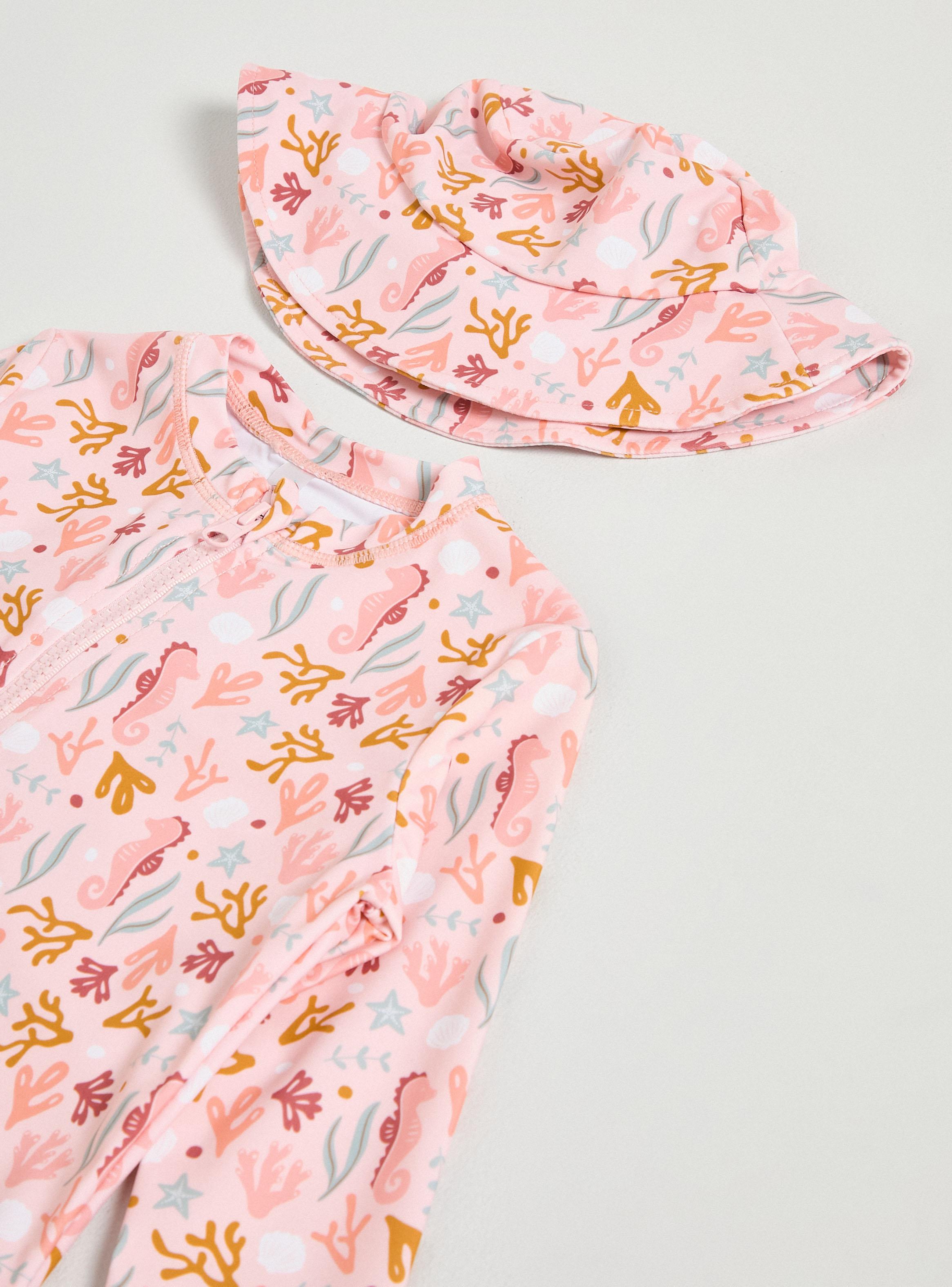 Traje de Baño Enterito Estampado con Cierre Diagonal y Gorro-2