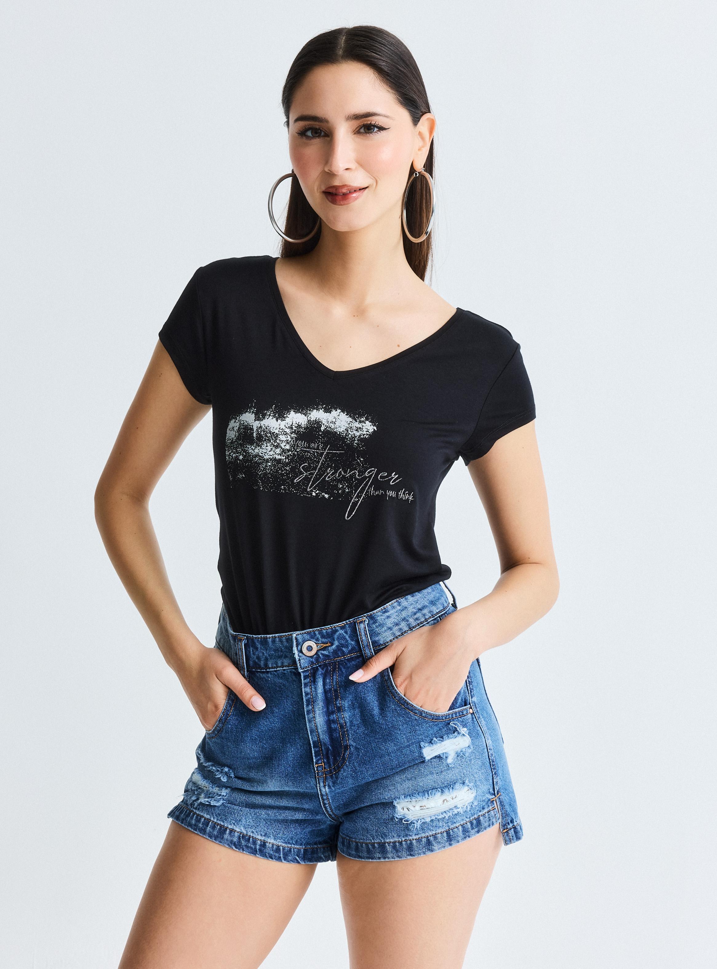 Polera Ajustada Cuello V Gráfica-0