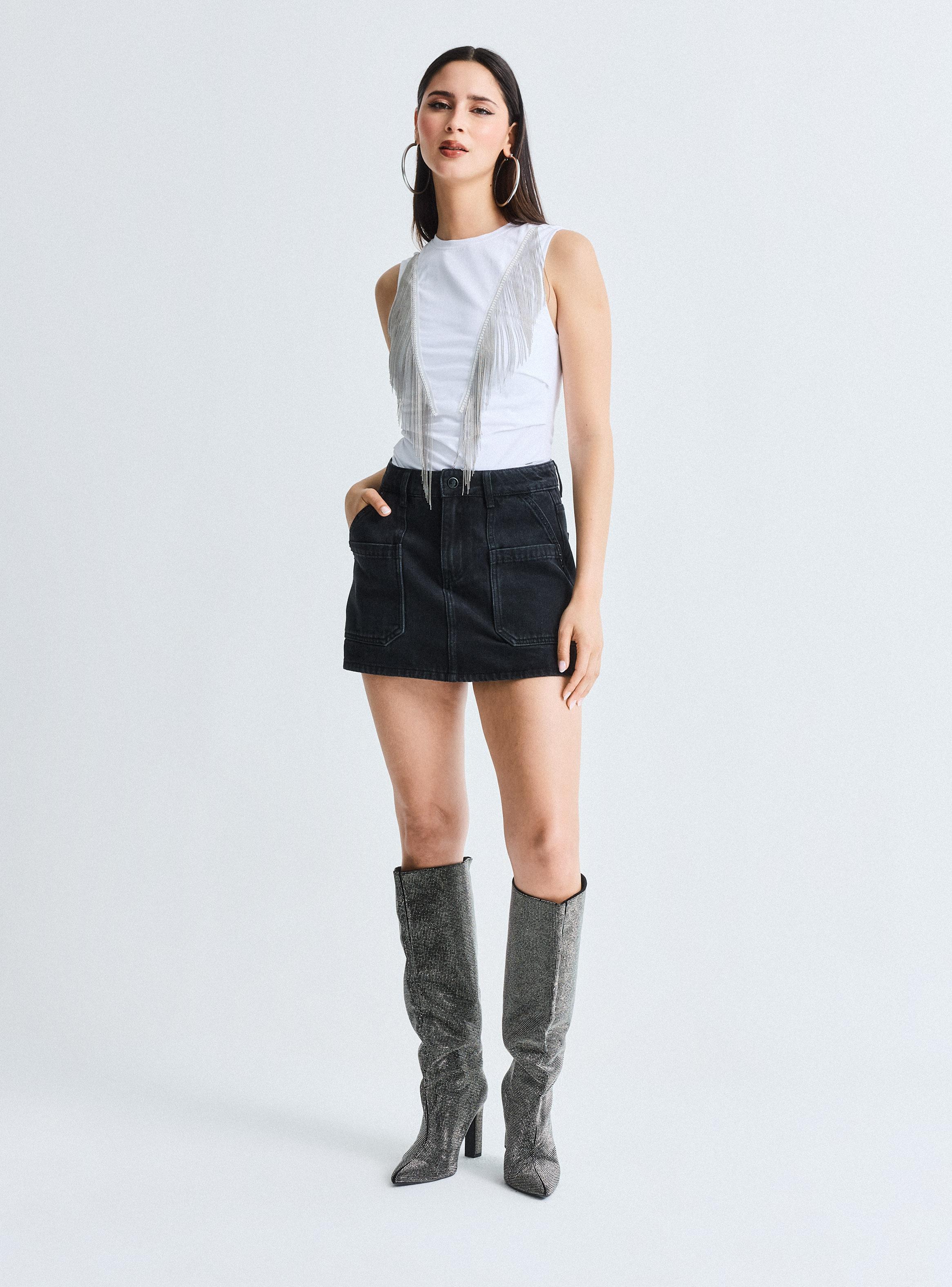 Falda Skort Bolsillos Parche con Strass-4