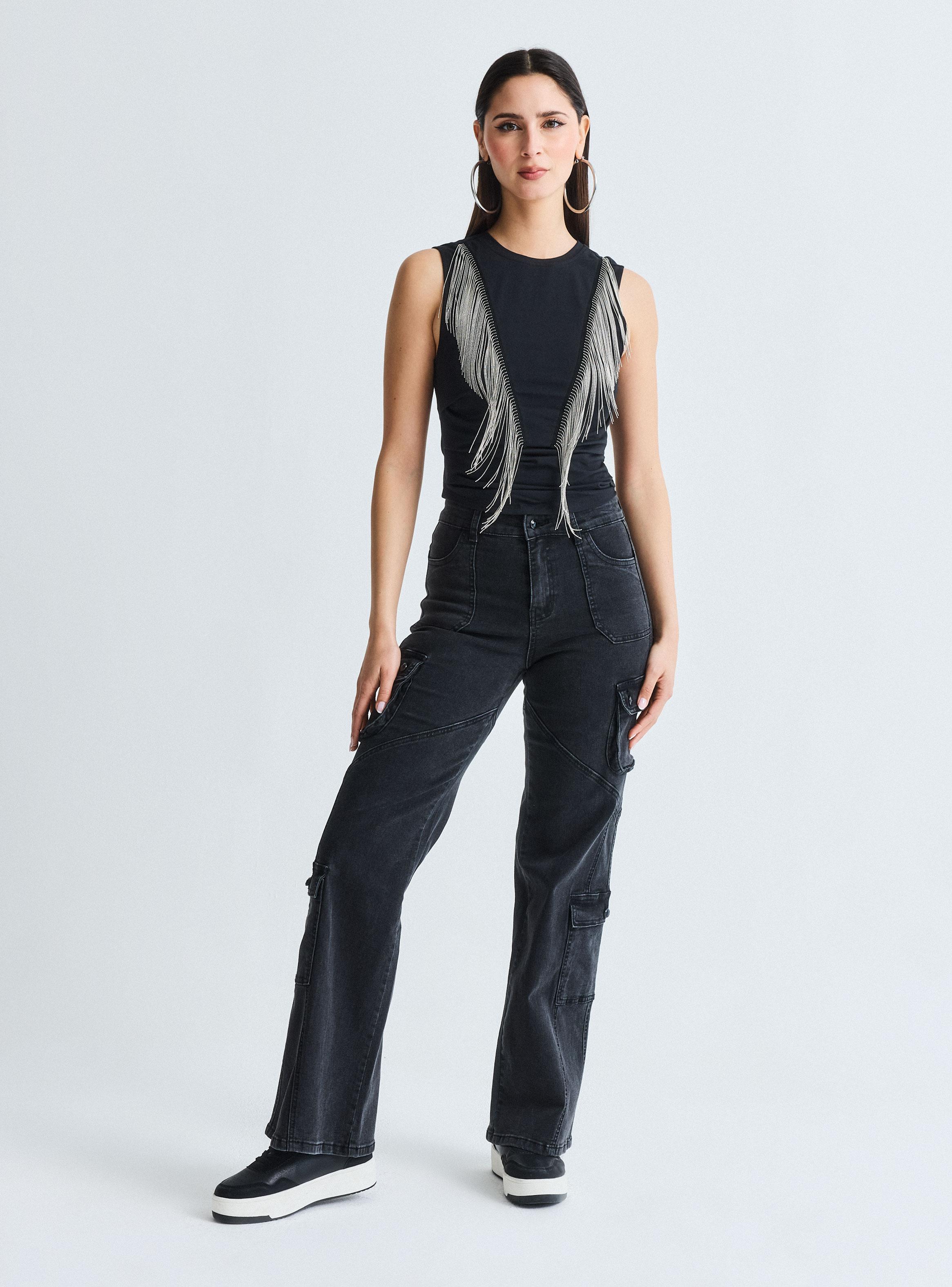 Jeans Wide Leg Cargo Gravillado-4