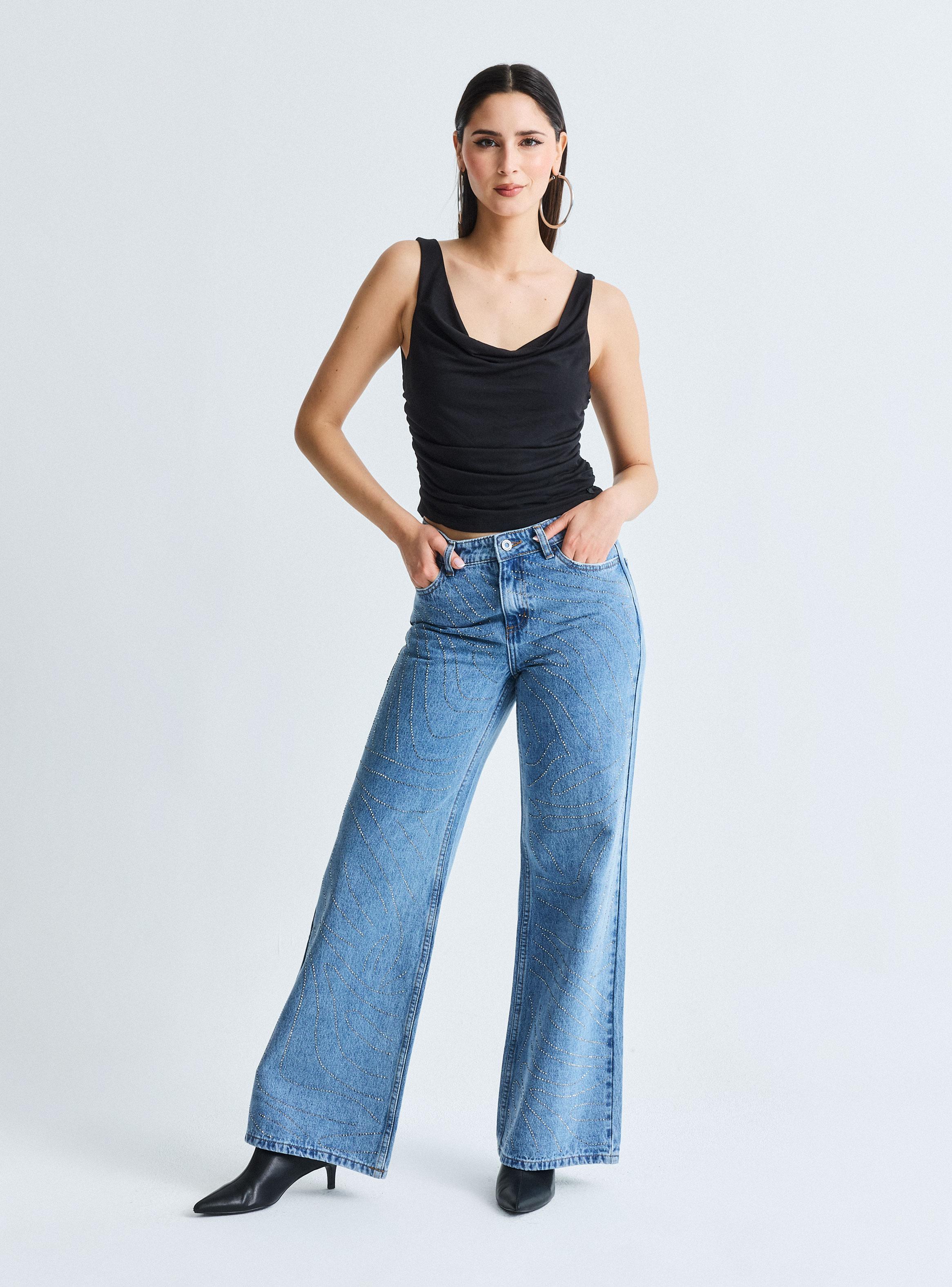 Jeans Wide Leg Aplicación de Strass con Forma-4