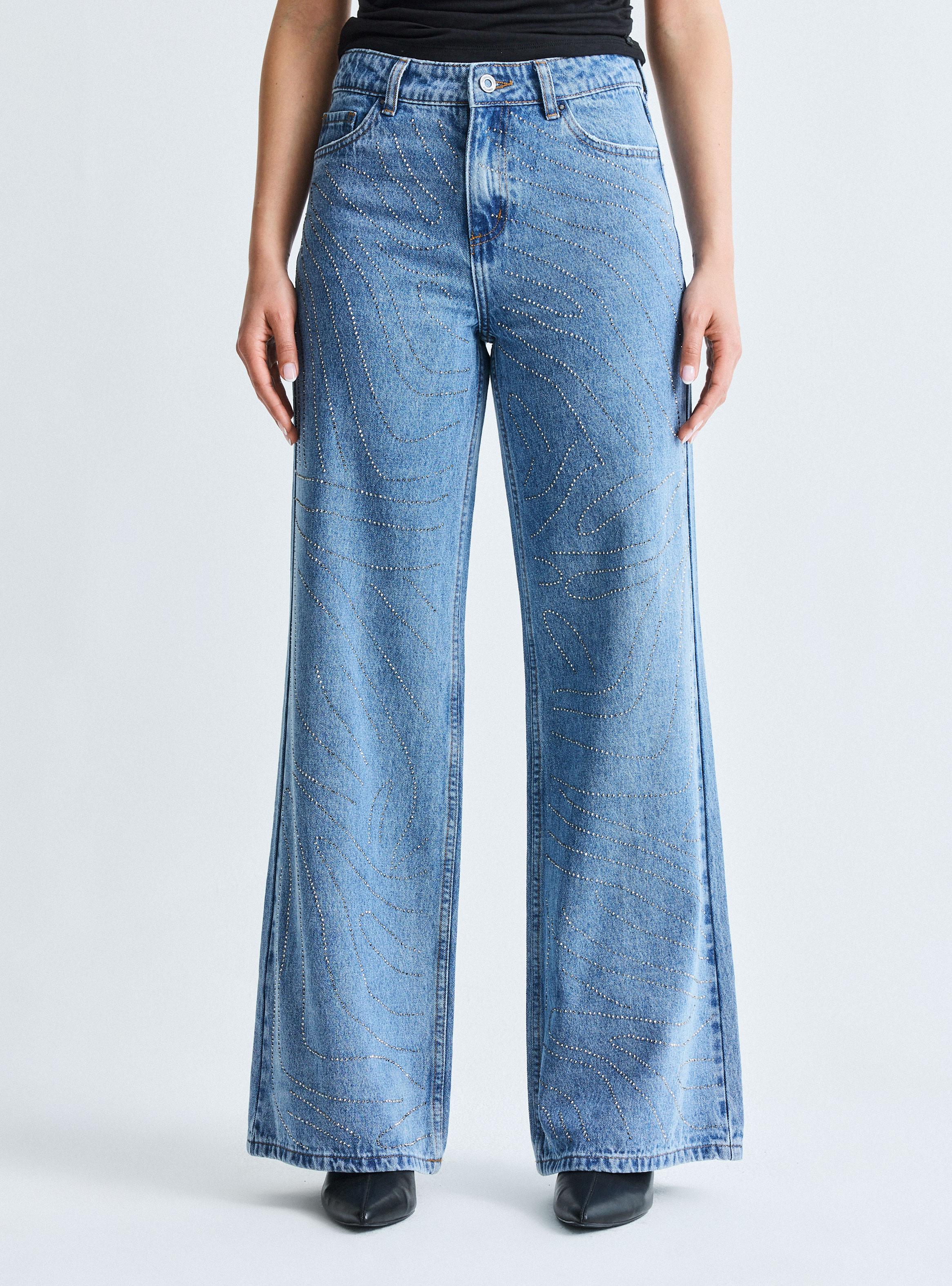 Jeans Wide Leg Aplicación de Strass con Forma-0