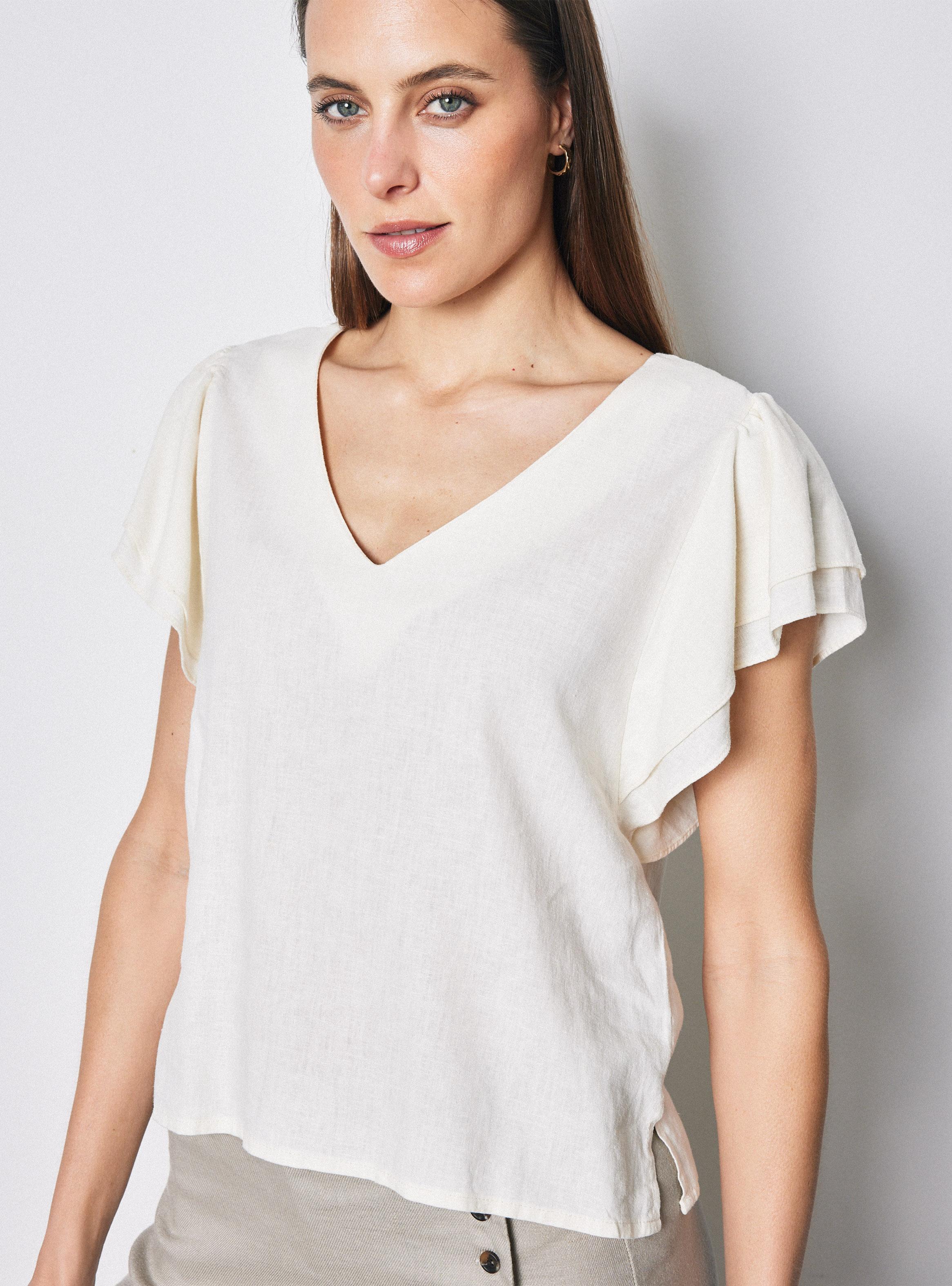 Blusa Lino Escote V con Manga Vuelos-2