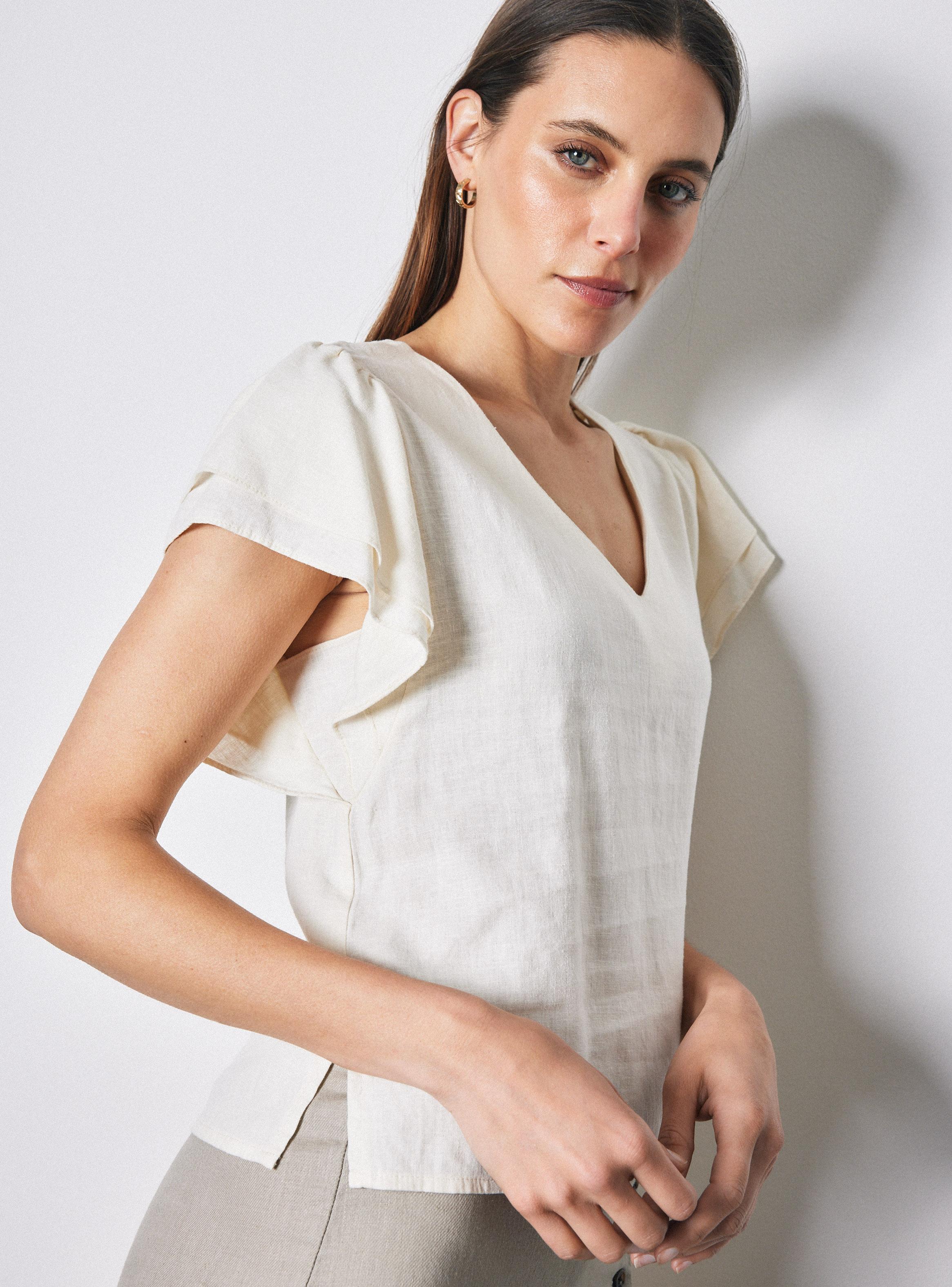 Blusa Lino Escote V con Manga Vuelos-3
