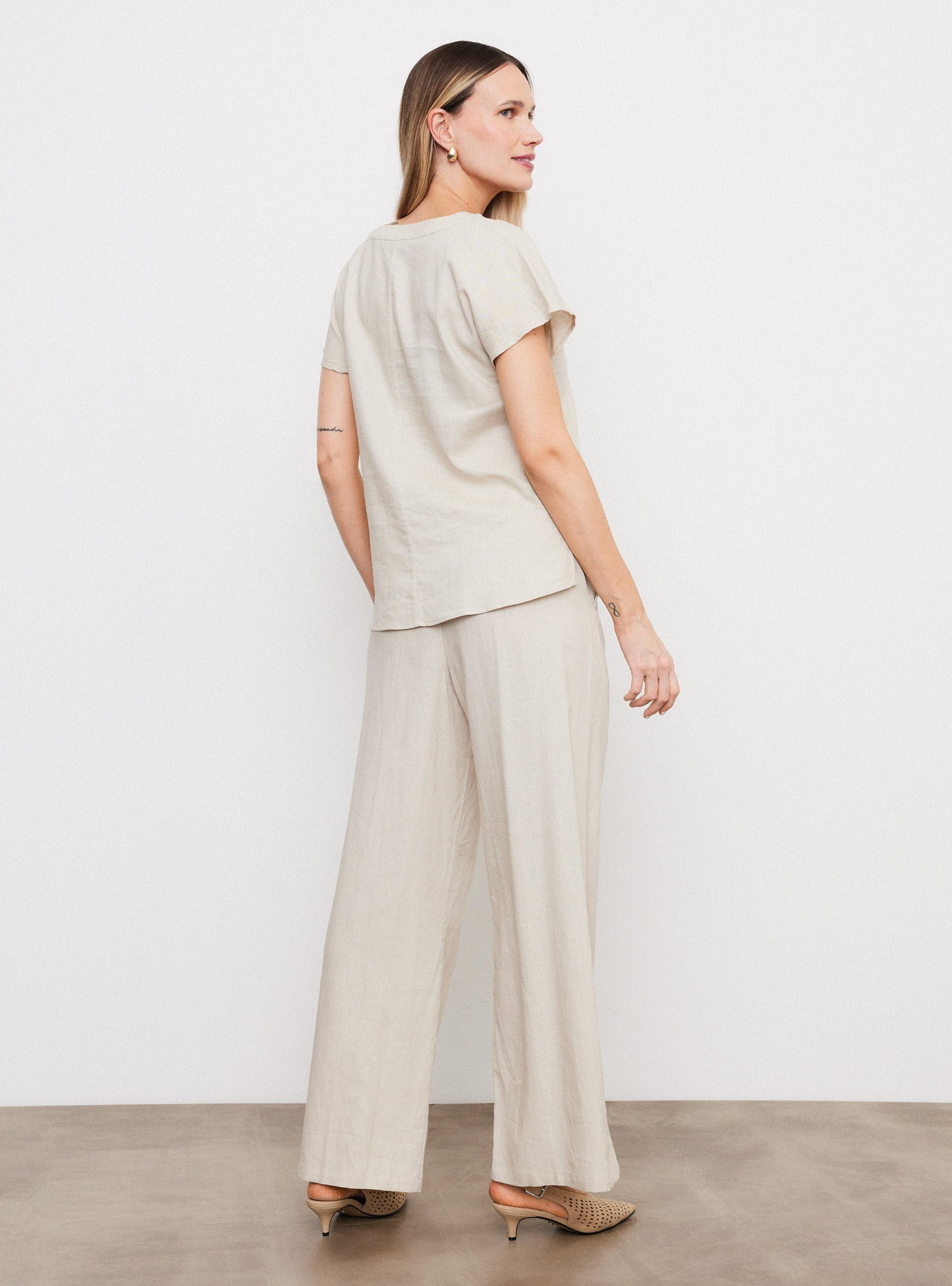 Blusa Lino Manga Corta con Collar Natural-5