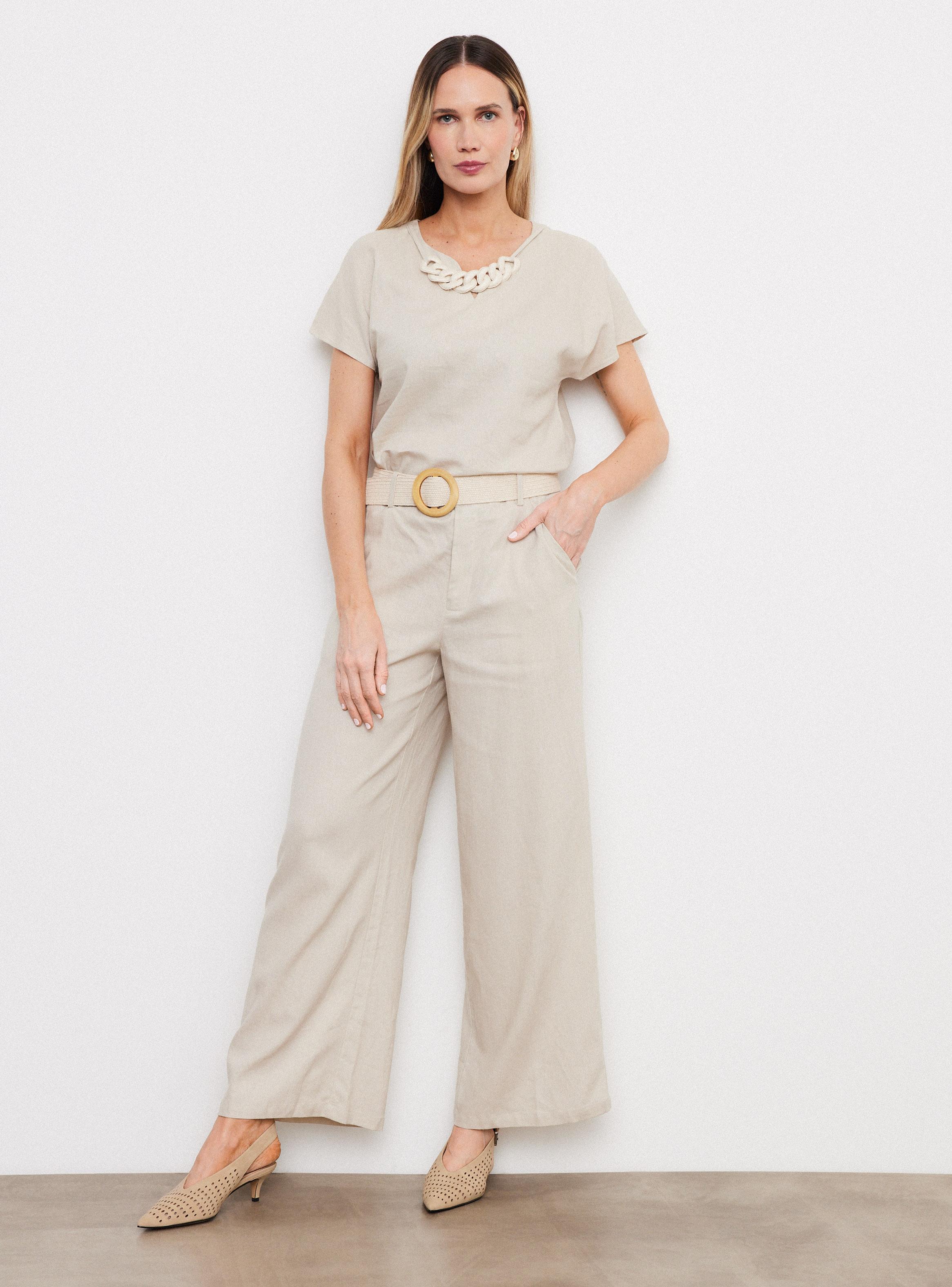 Blusa Lino Manga Corta con Collar Natural-4