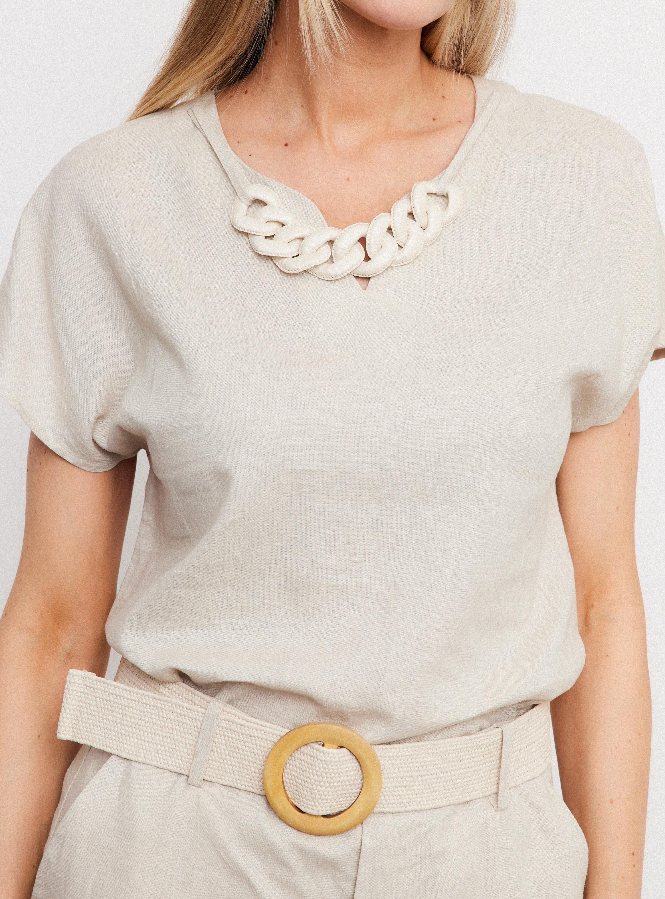 Blusa Lino Manga Corta con Collar Natural-3