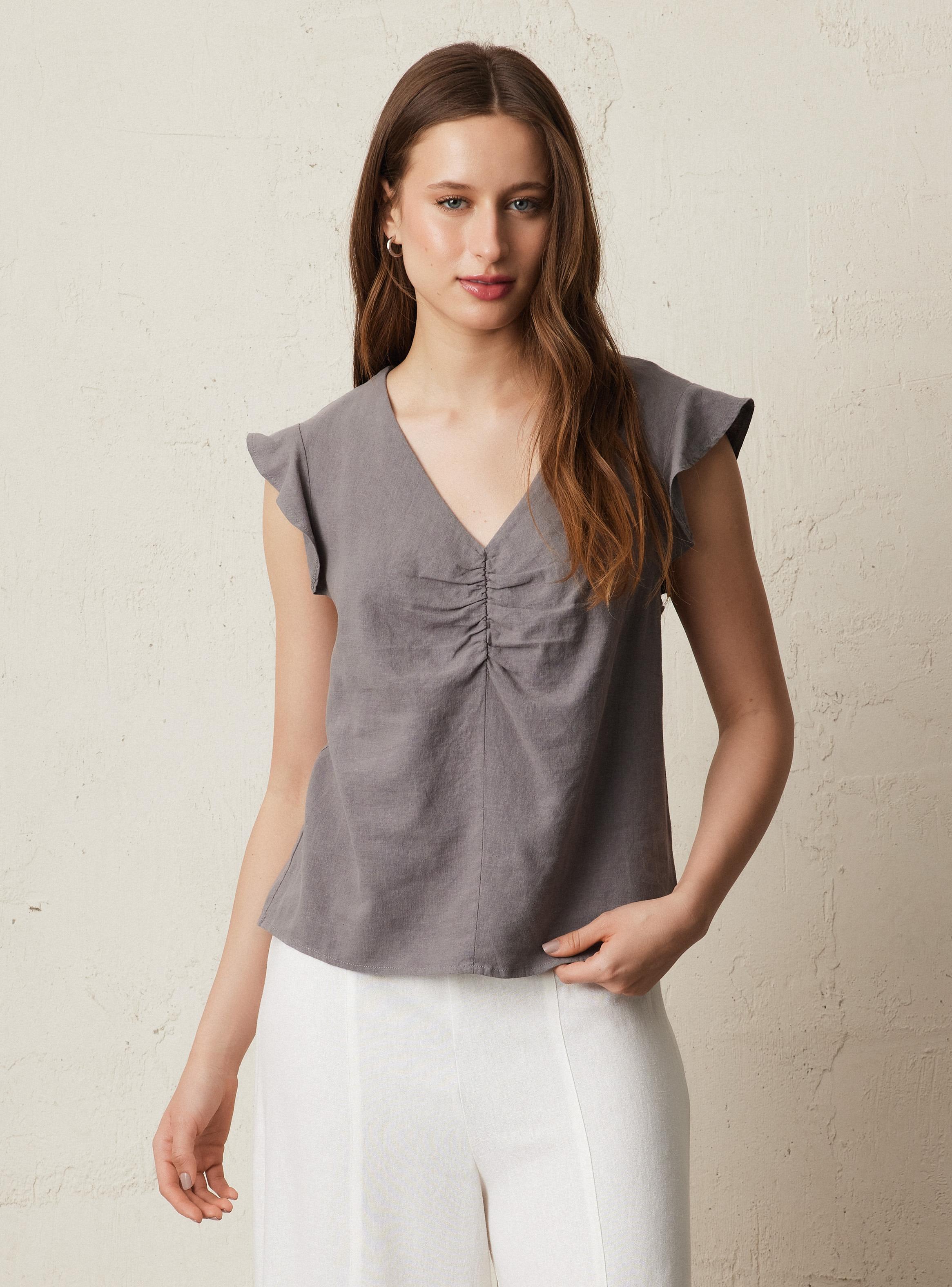 Blusa con Lino Detalle Recogido en Escote-0