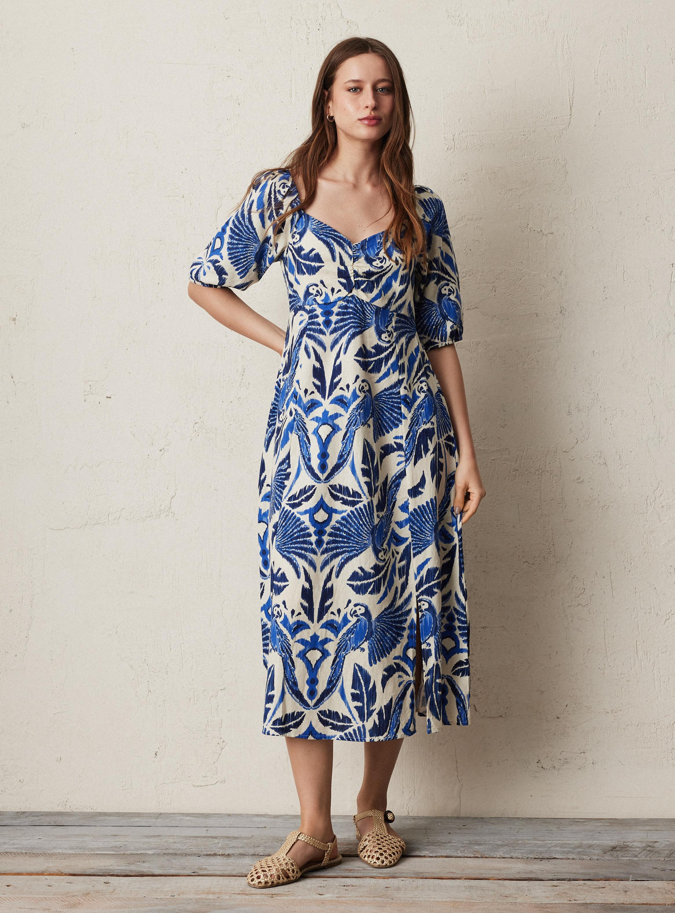 Vestido con Lino Estampado Manga Aglobada-4