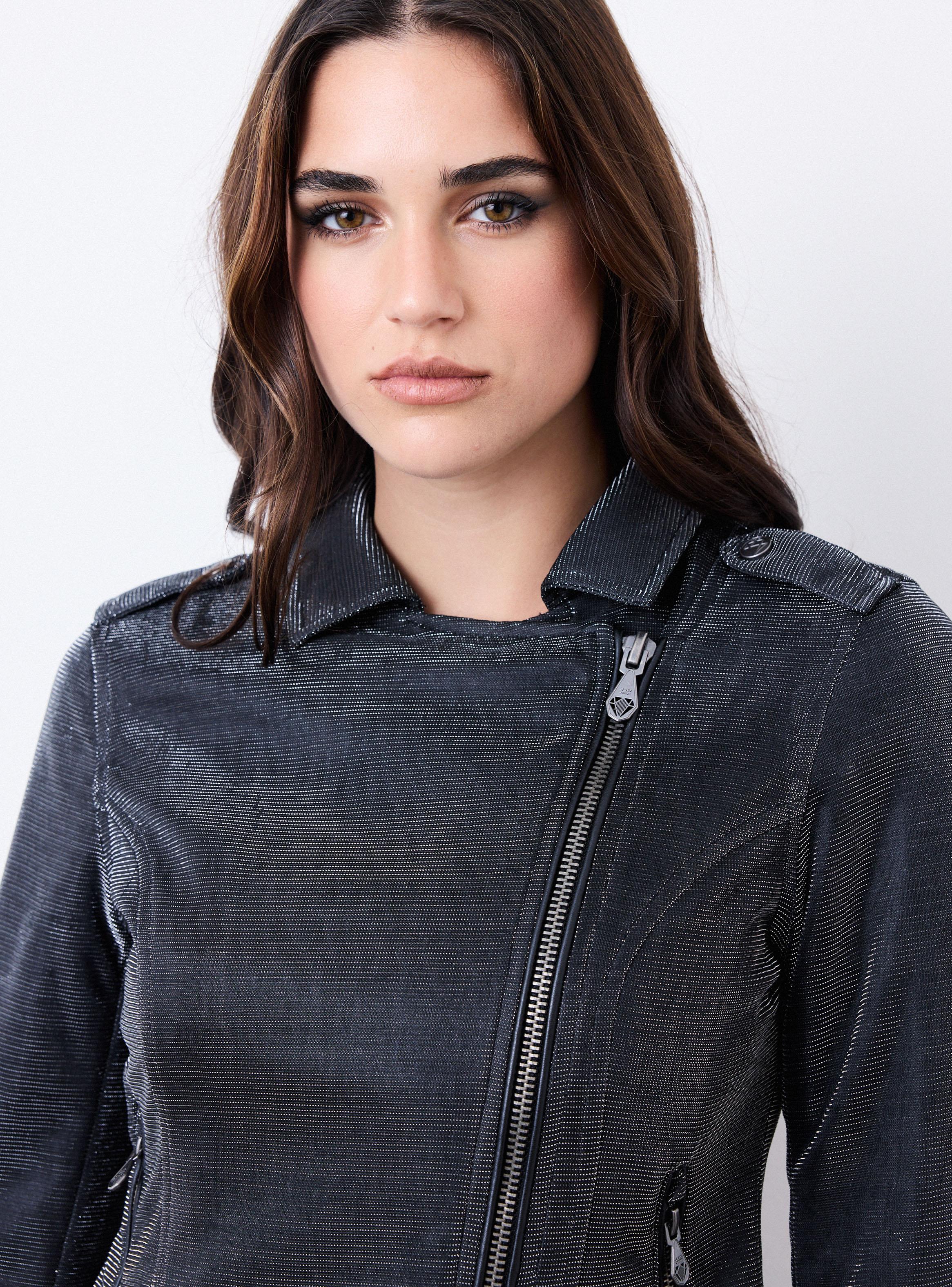 Chaqueta Biker Cuello Cruzado Tela Metalizada-3