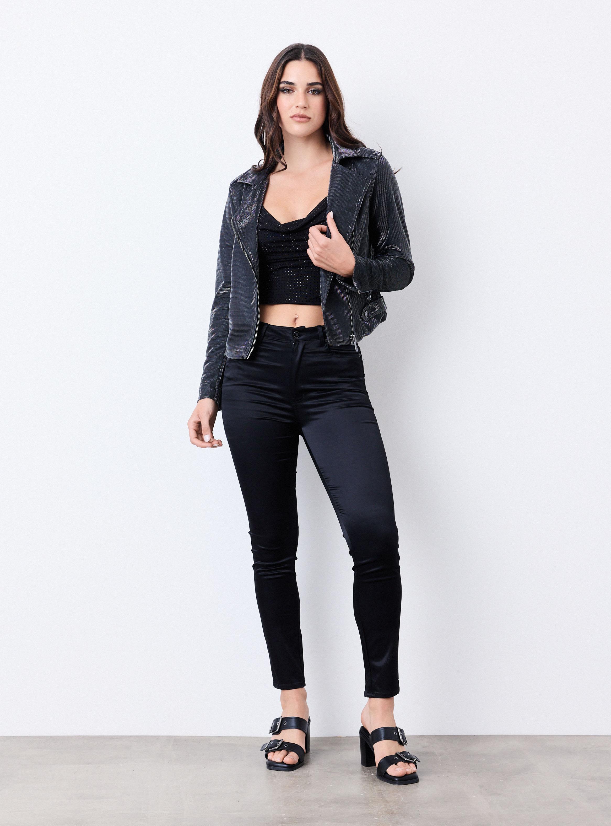 Chaqueta Biker Cuello Cruzado Tela Metalizada-4