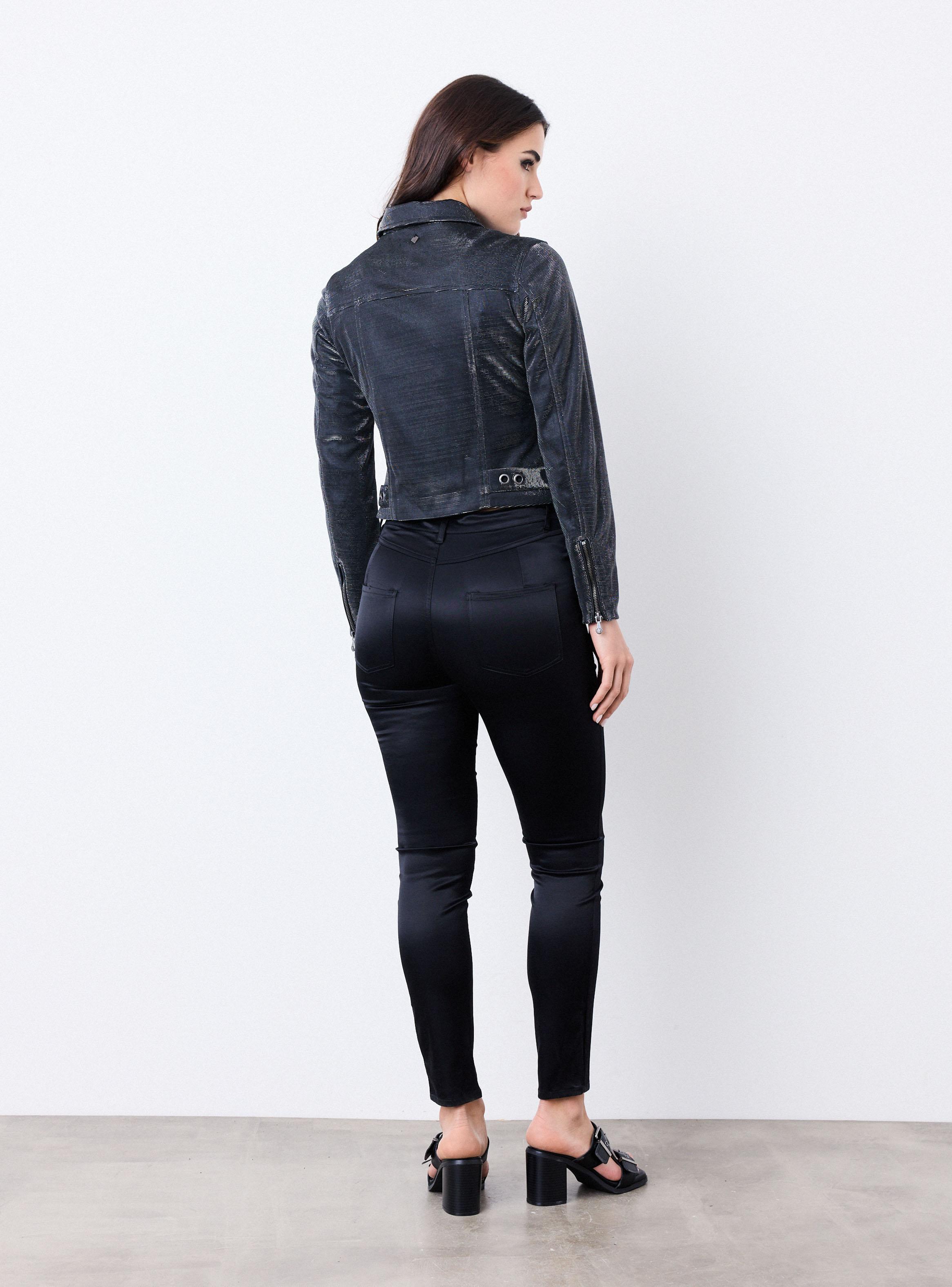 Chaqueta Biker Cuello Cruzado Tela Metalizada-5
