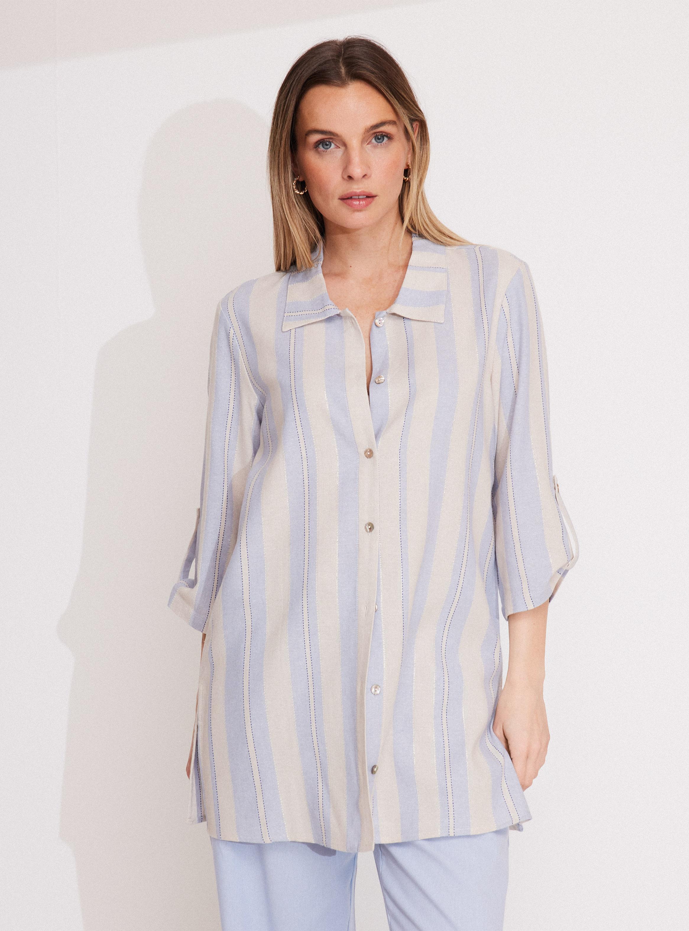 Blusa Camisera Larga con Líneas y Lurex-0
