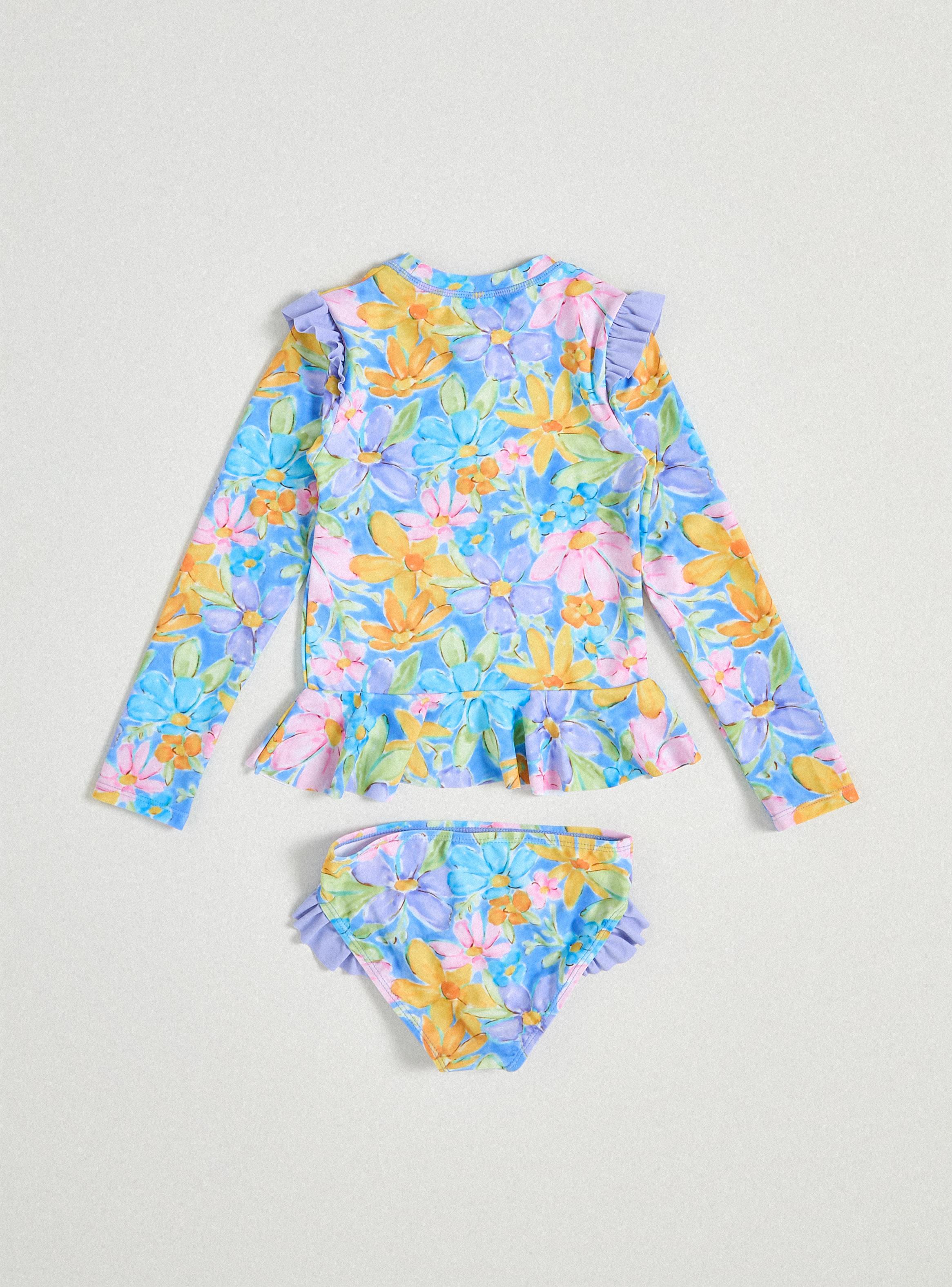 Traje de Baño Manga Larga con Flores y Vuelos-1