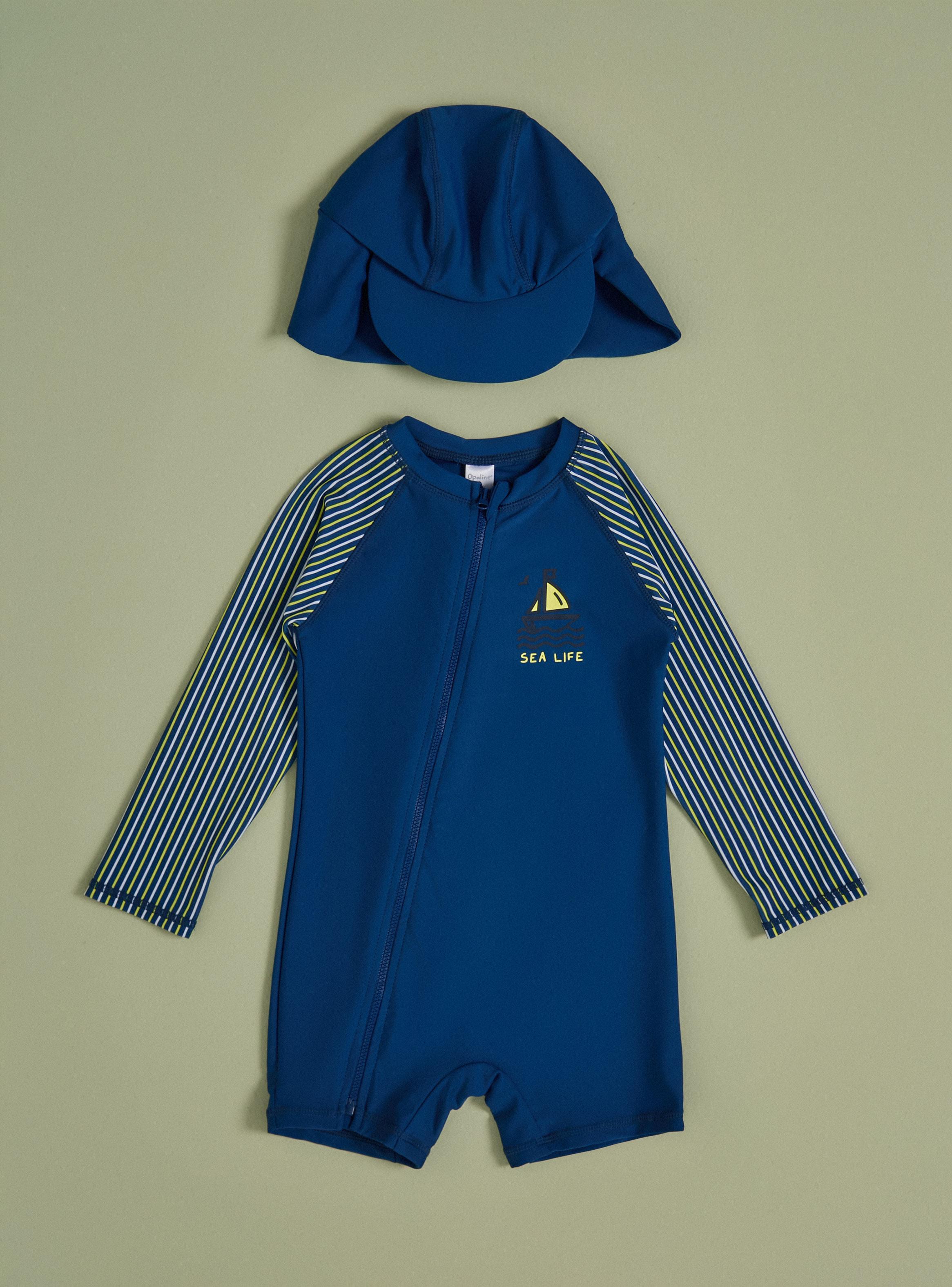 Traje de Baño Enterito Rayado con Gorro-0