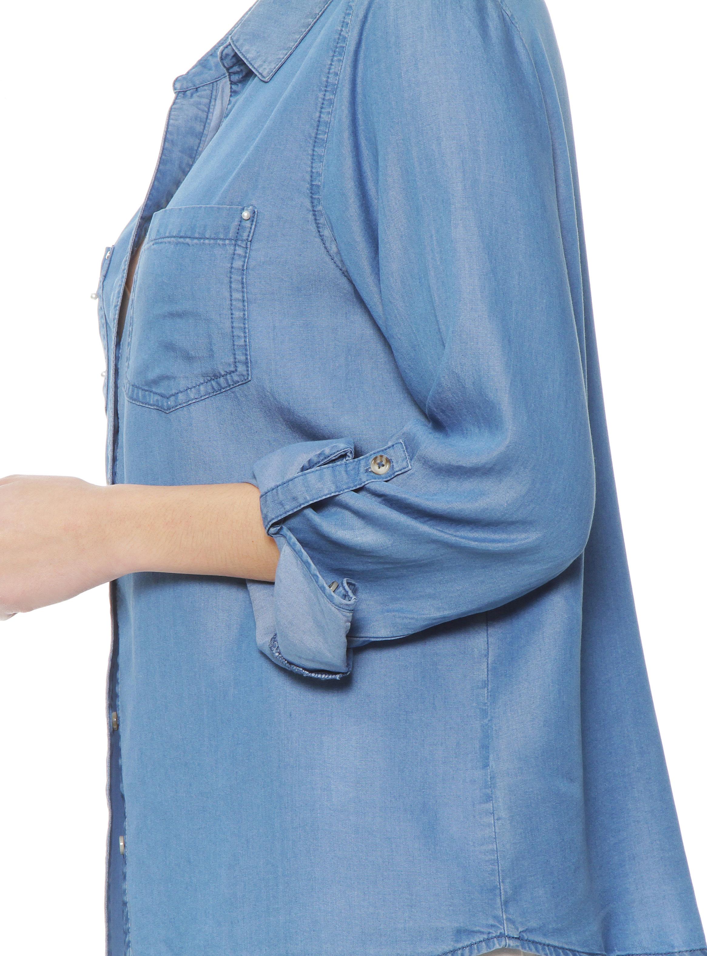 Blusa Denim Cuello Camisero Aplicación Tachas y Perlas-2