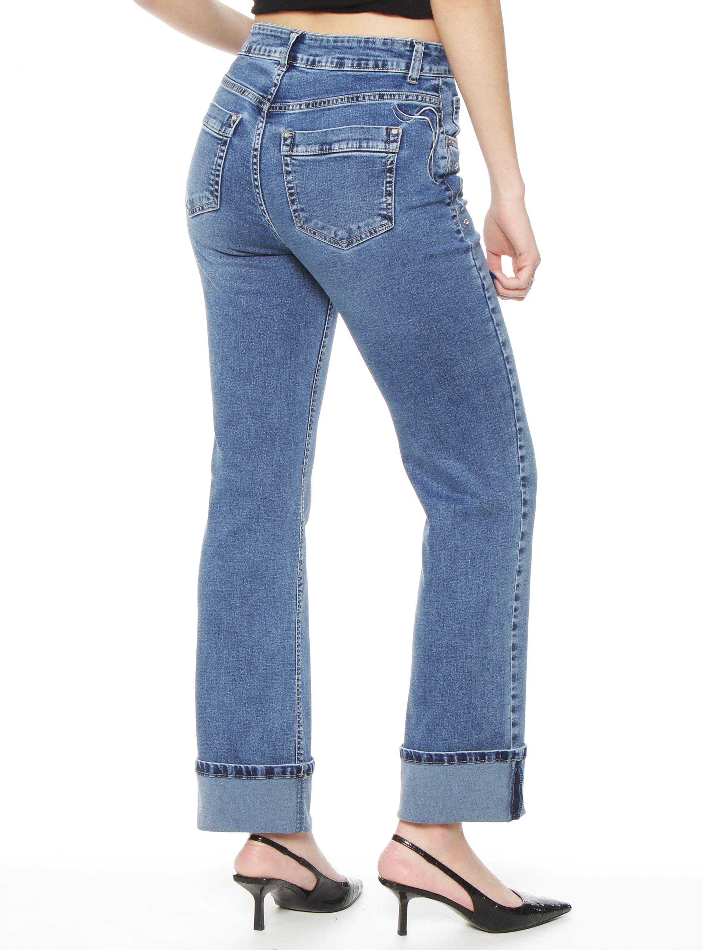 Jeans Recto Tiro Alto Aplicación Bordado y Stras-1