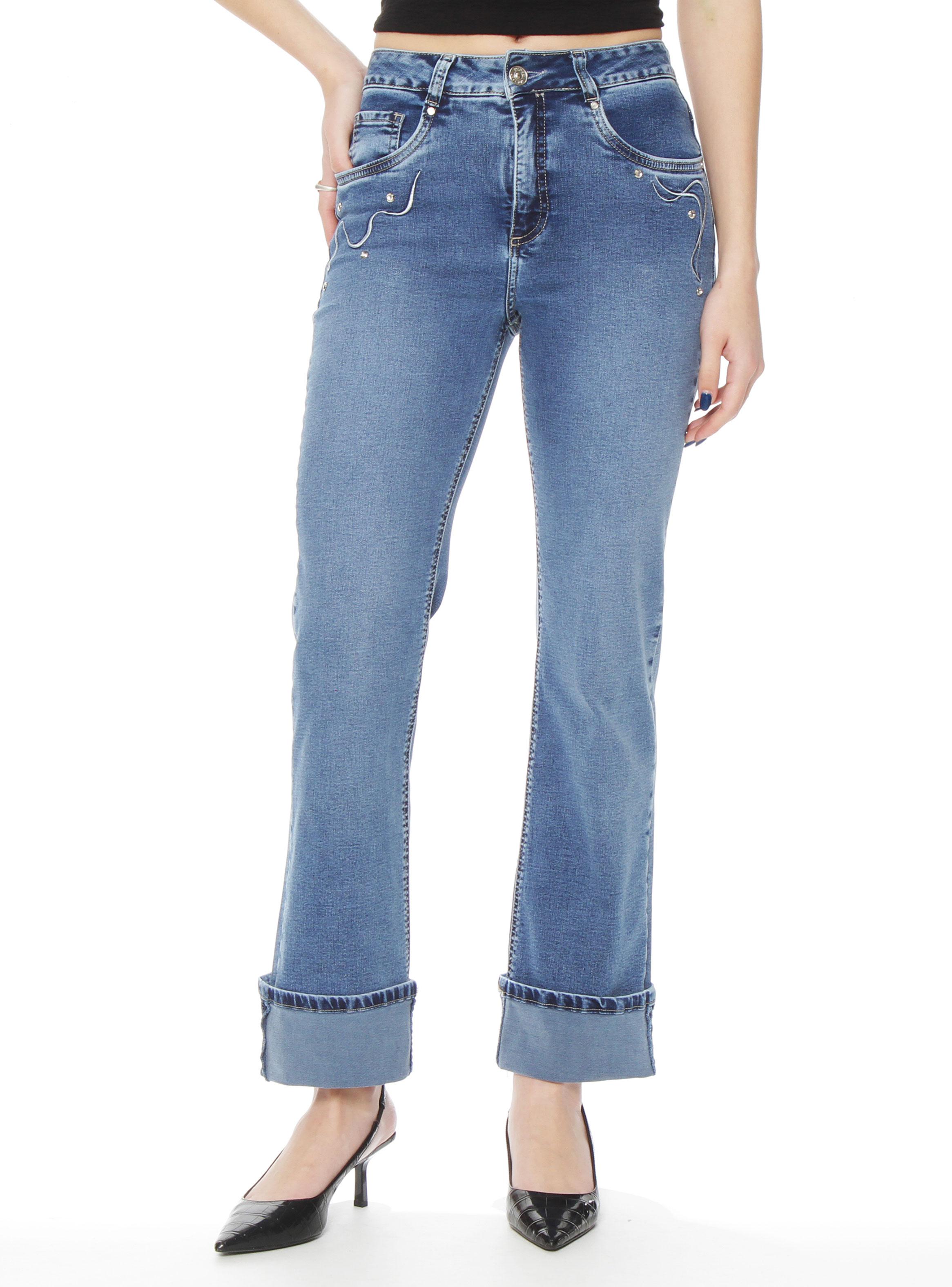 Jeans Recto Tiro Alto Aplicación Bordado y Stras-0