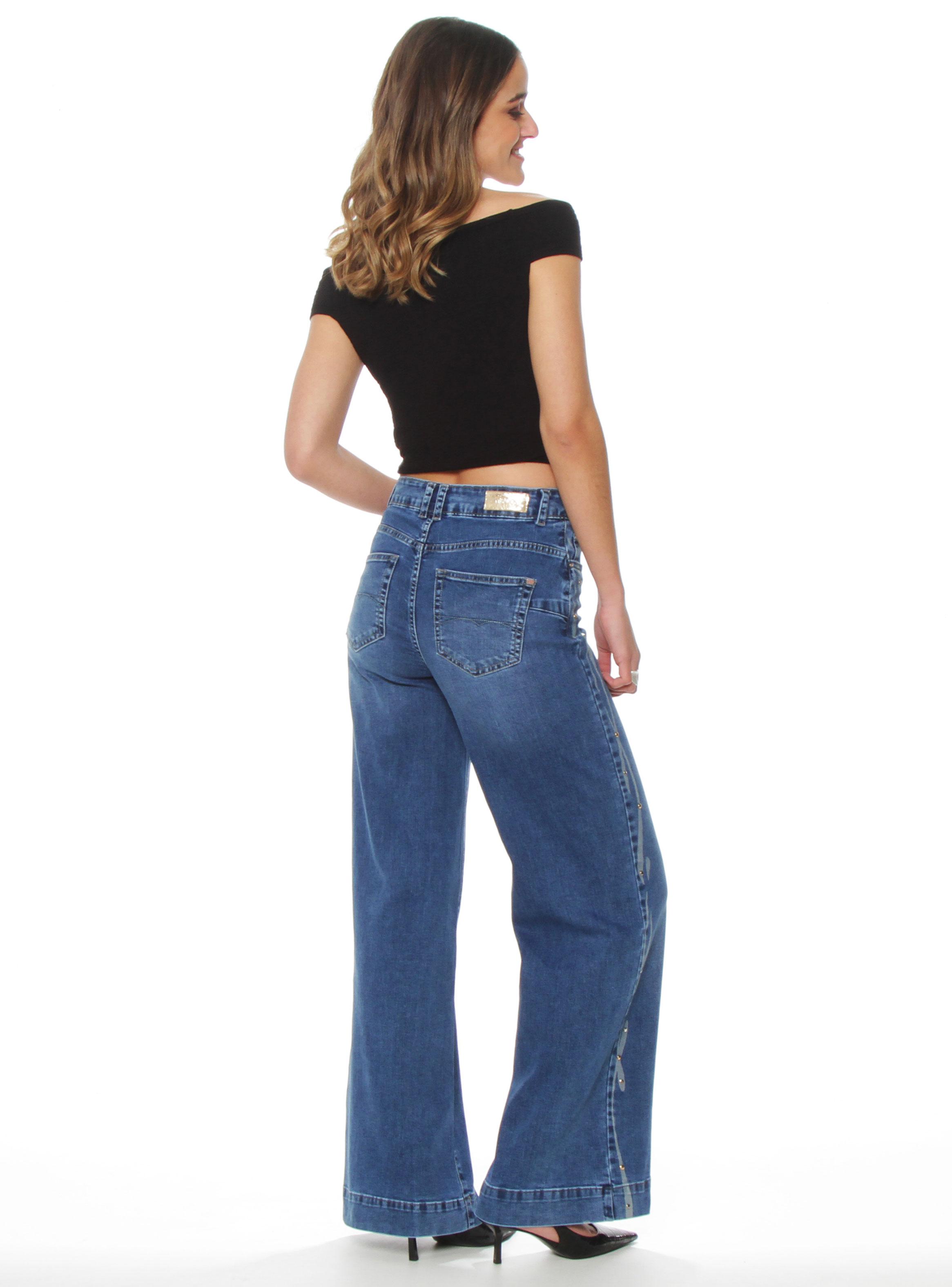 Jeans Wide Leg Tiro Alto Pretina Aplicación Strass J371-4