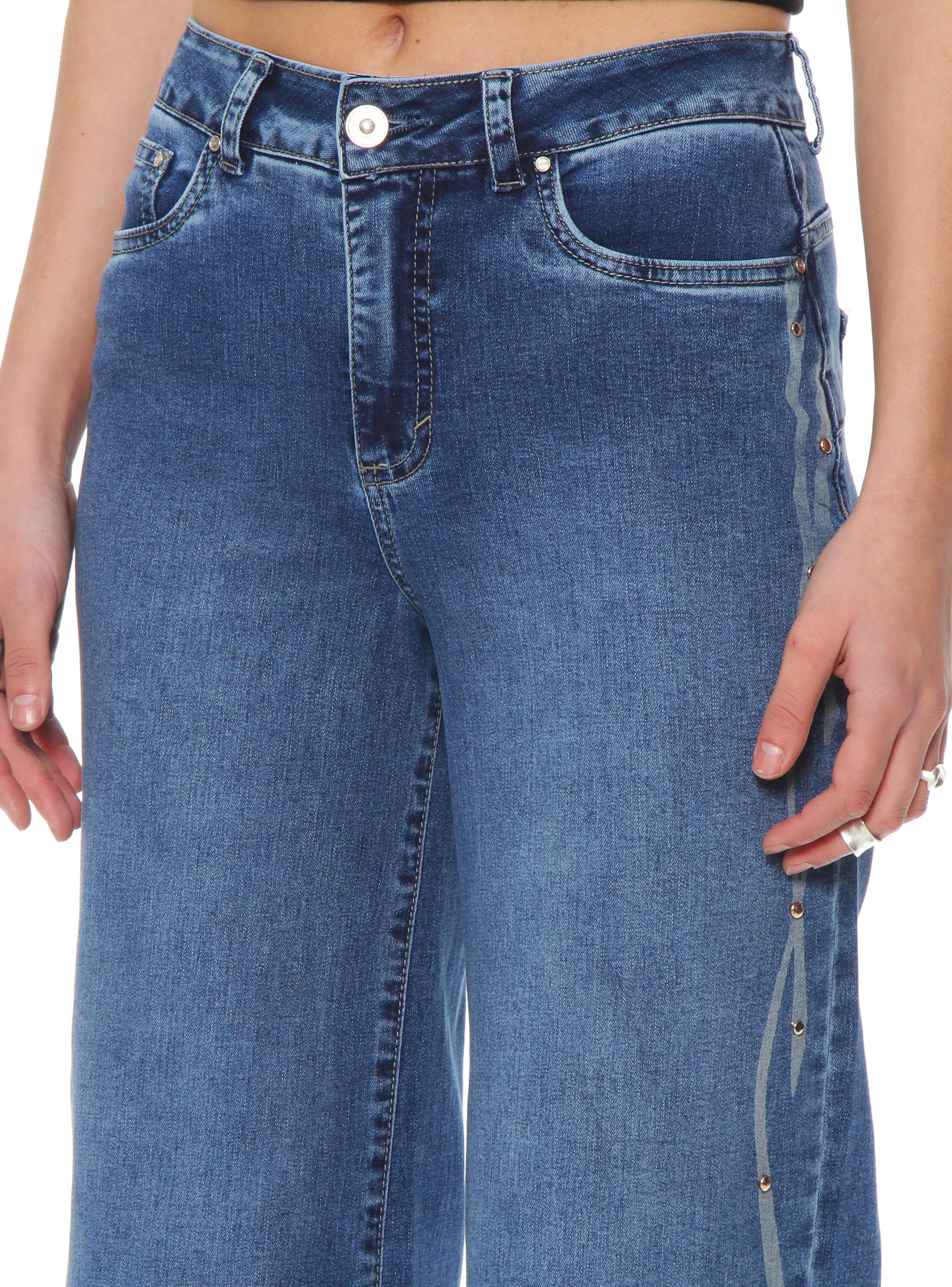Jeans Wide Leg Tiro Alto Pretina Aplicación Strass J371-2