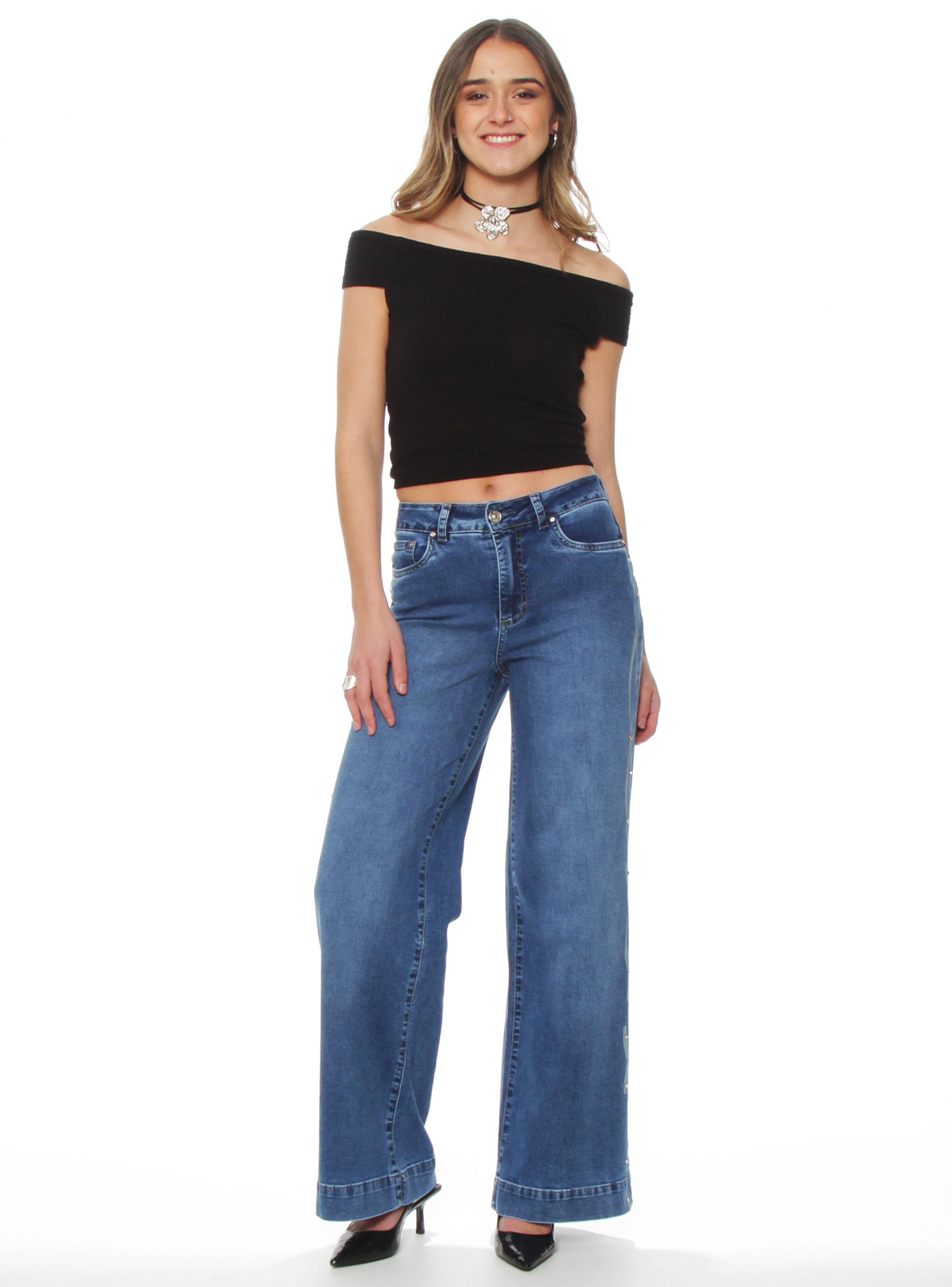 Jeans Wide Leg Tiro Alto Pretina Aplicación Strass J371-3
