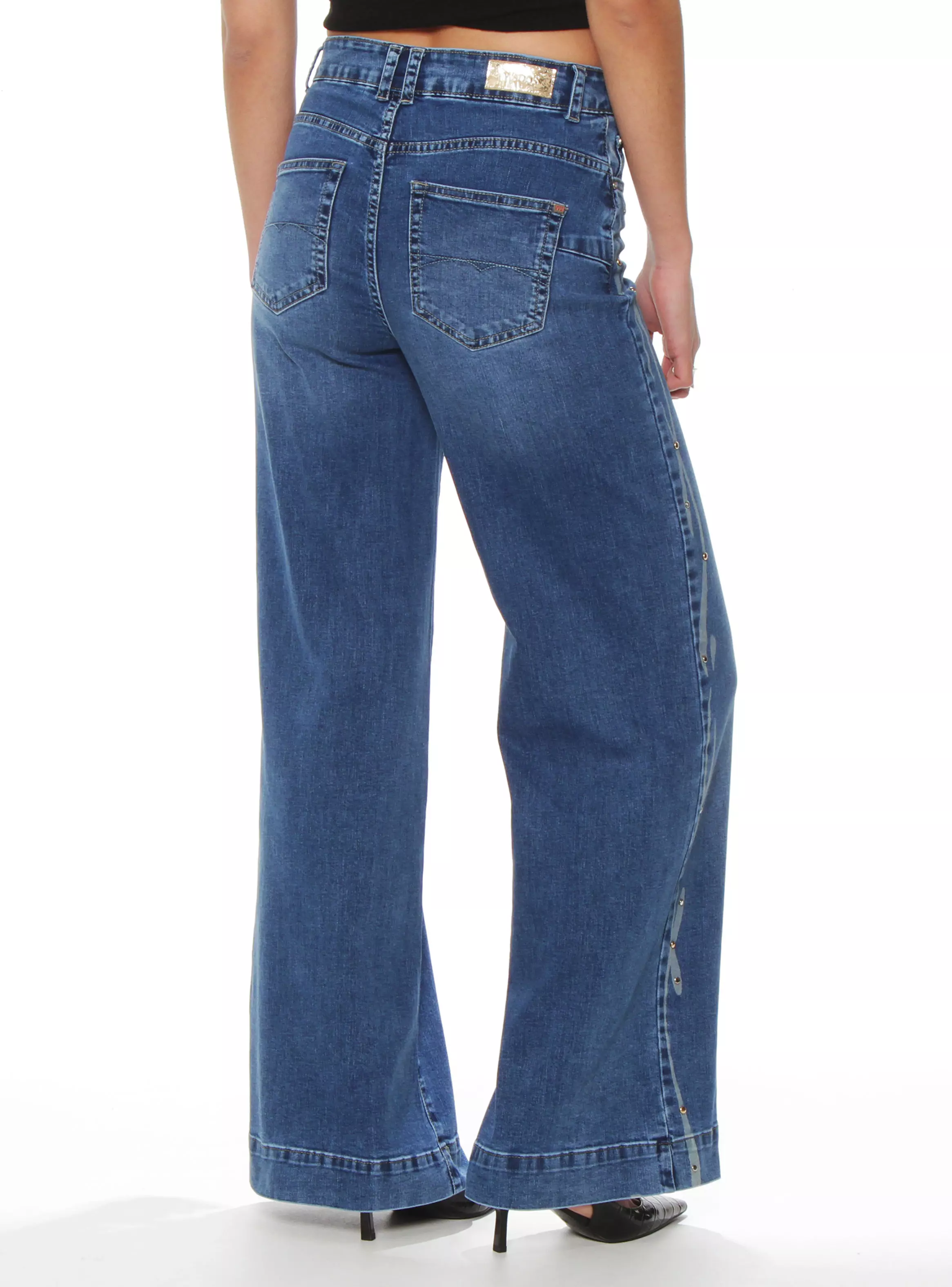 Jeans Wide Leg Tiro Alto Pretina Aplicación Strass J371-1