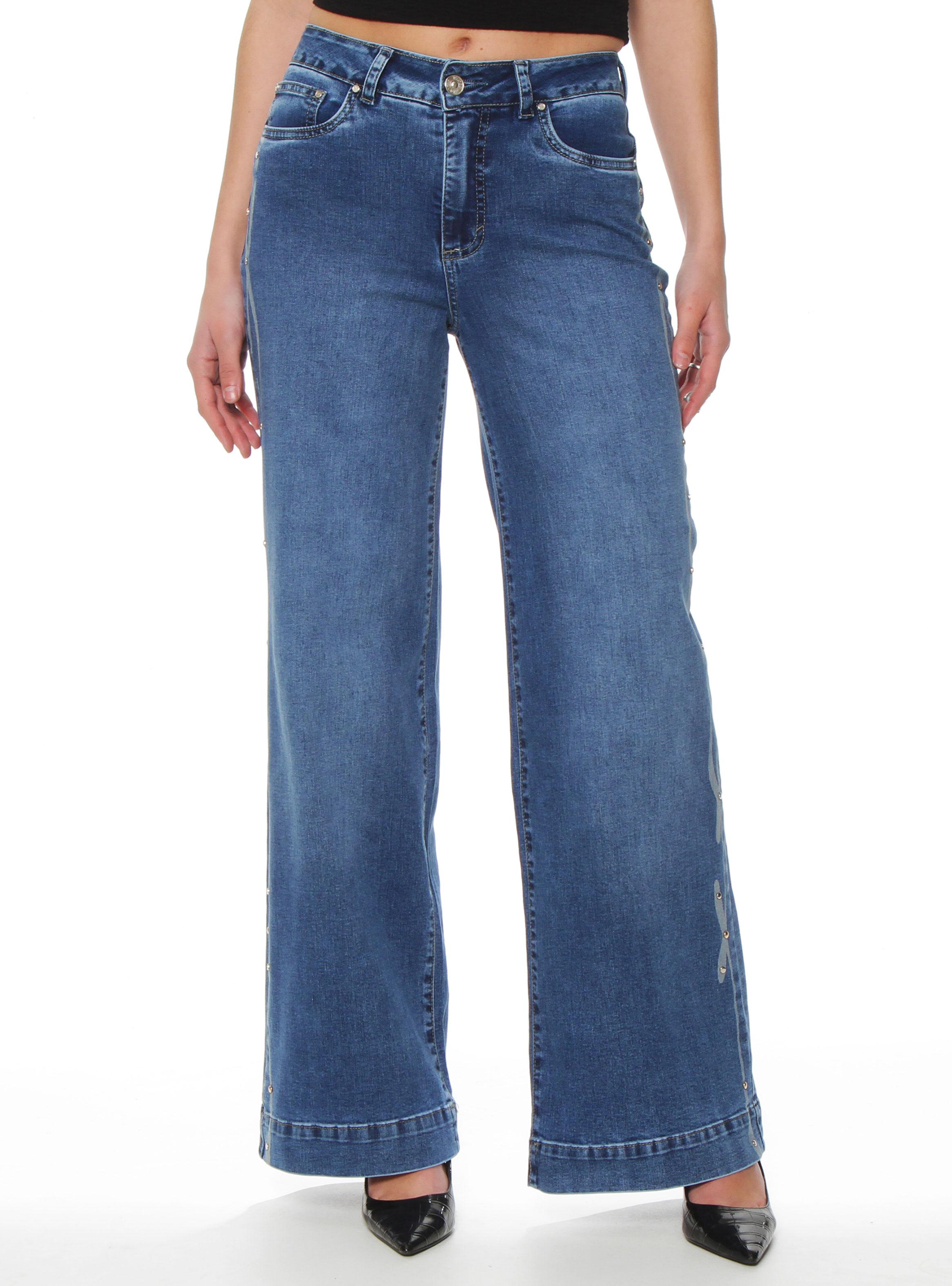 Jeans Wide Leg Tiro Alto Pretina Aplicación Strass J371-0