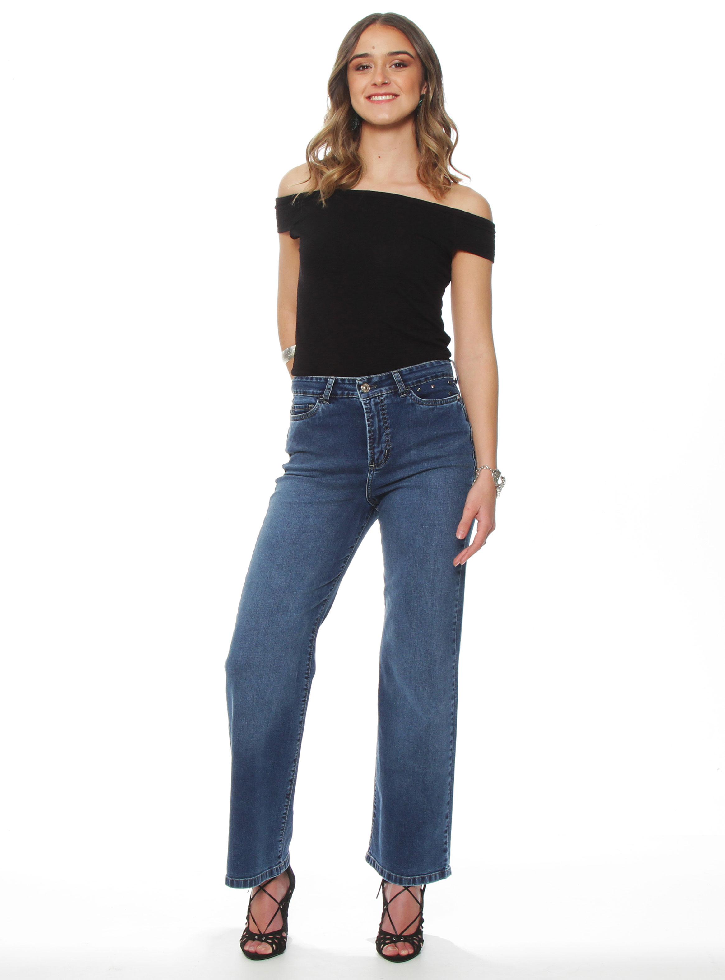 Jeans Wide Leg Tiro Alto Pretina Básica 1 Botón J38-3