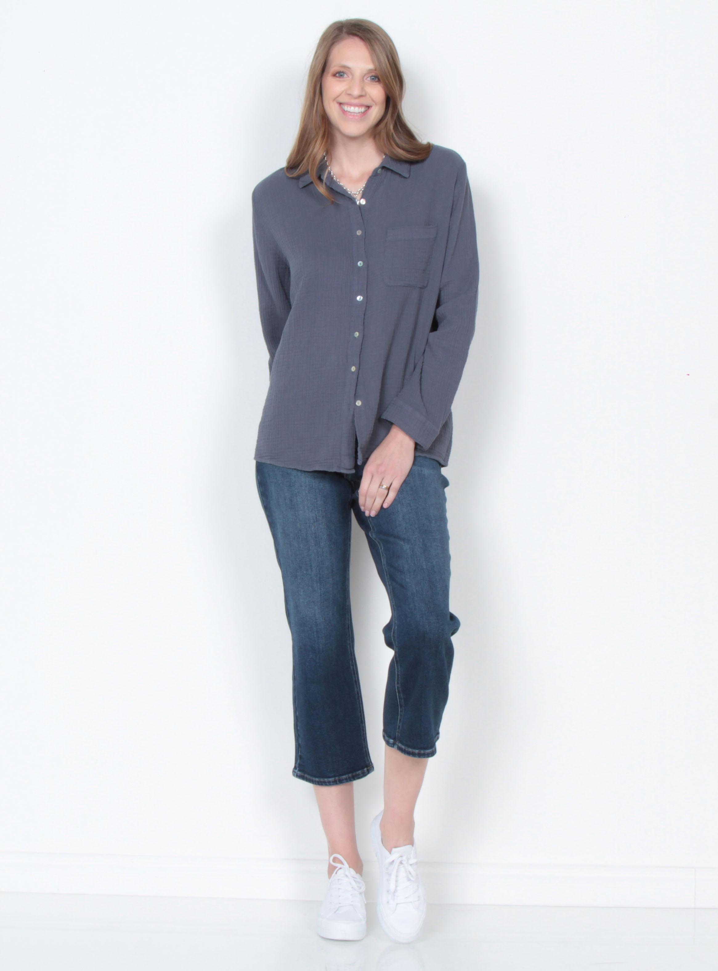 Blusa Manga Larga Sólida Cuello Camisero-3