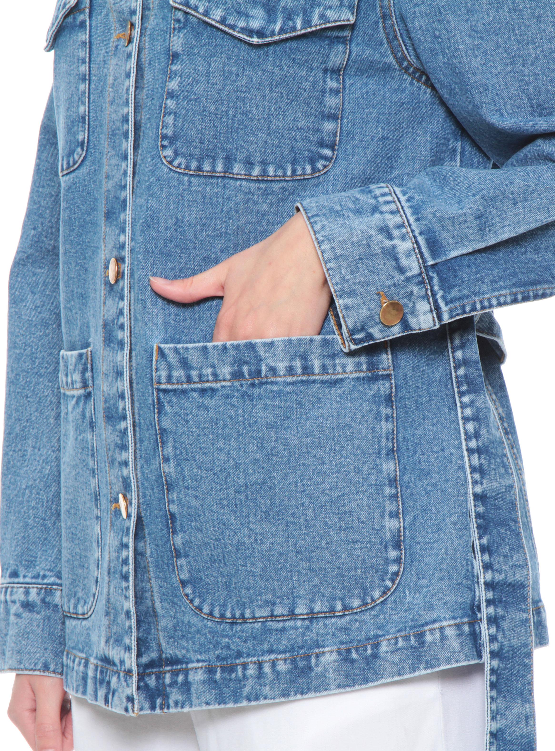 Chaqueta Denim Abotonada con Lazo en Cintura-2