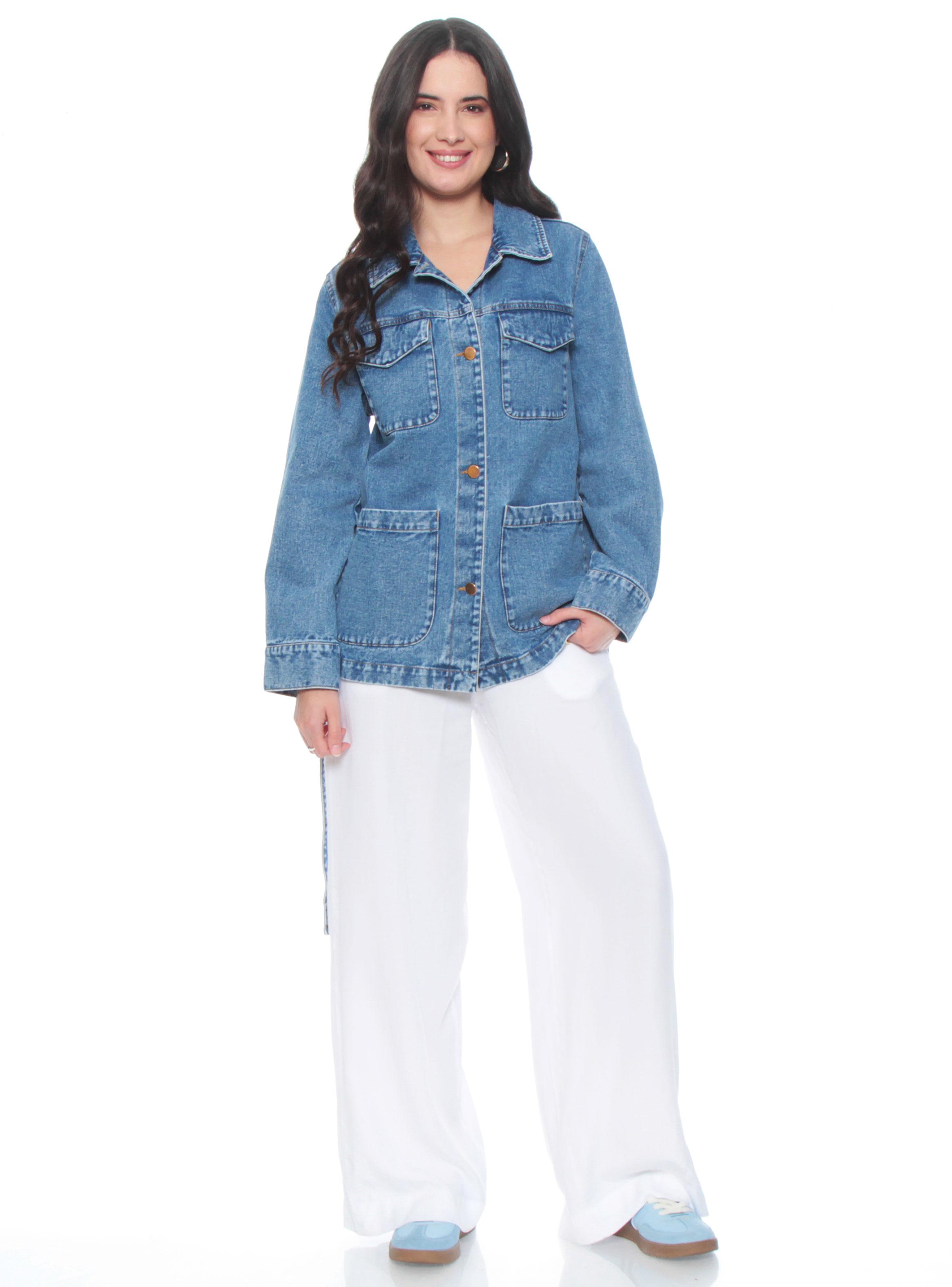 Chaqueta Denim Abotonada con Lazo en Cintura-3