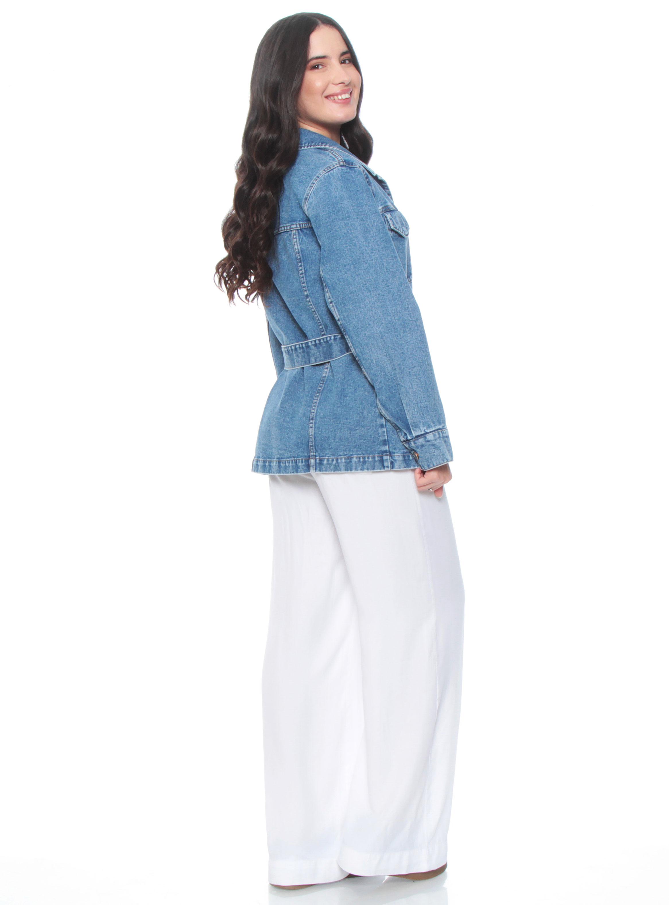 Chaqueta Denim Abotonada con Lazo en Cintura-4