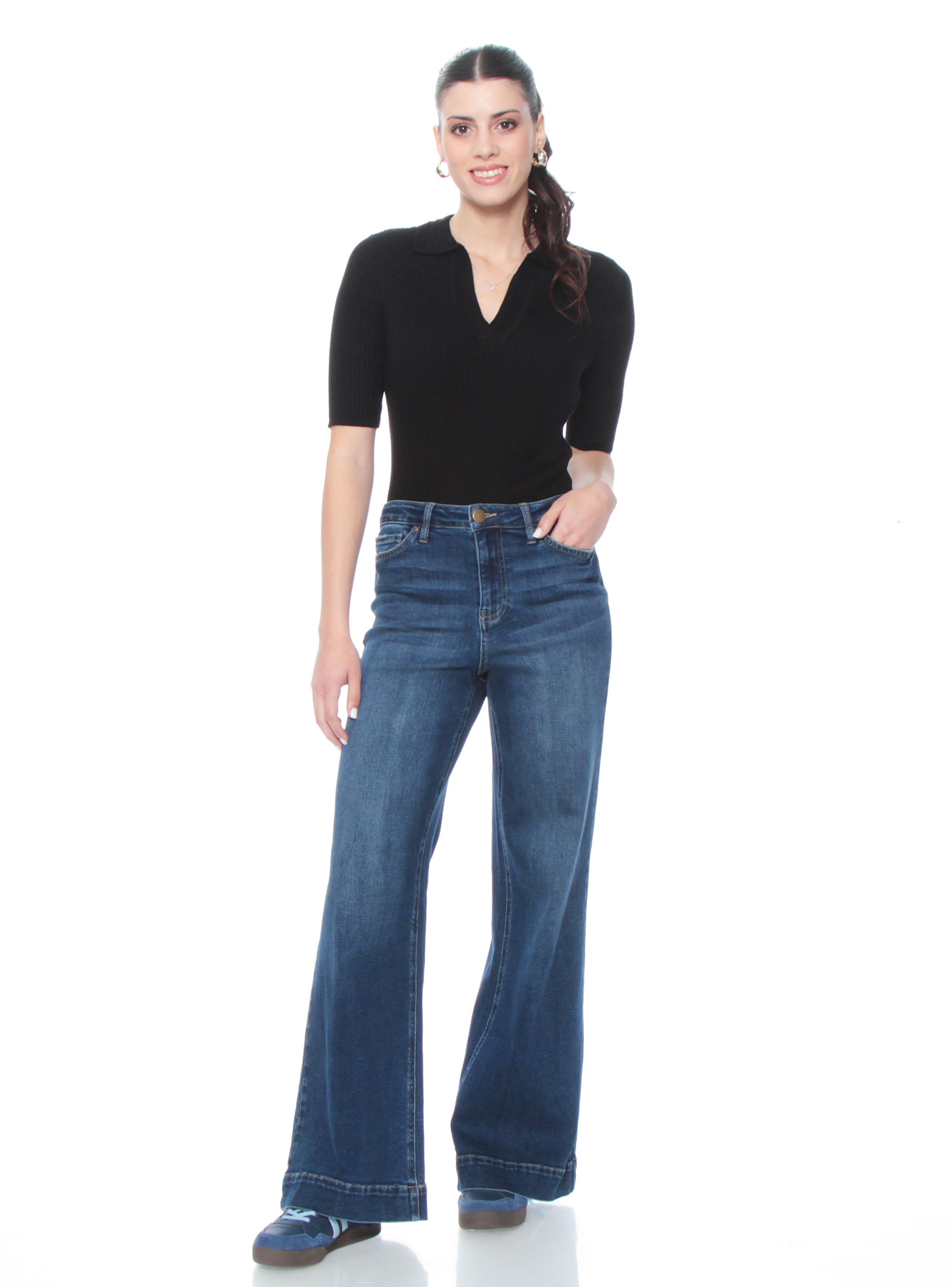 Jeans Wide Leg Tiro Alto Pretina Básica 1 Botón P17-3