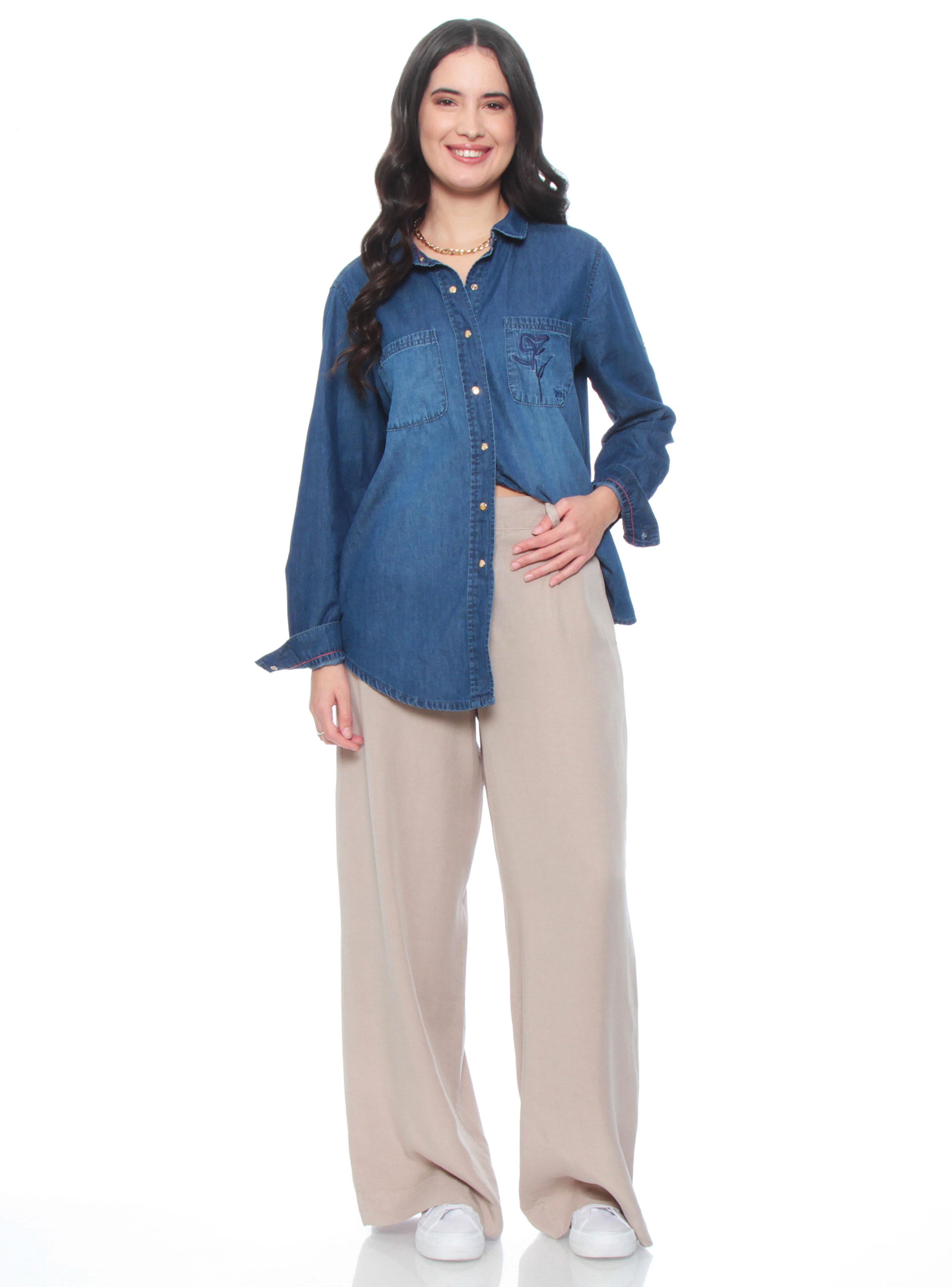Blusa Denim Bordado con Cuello Camisero-3