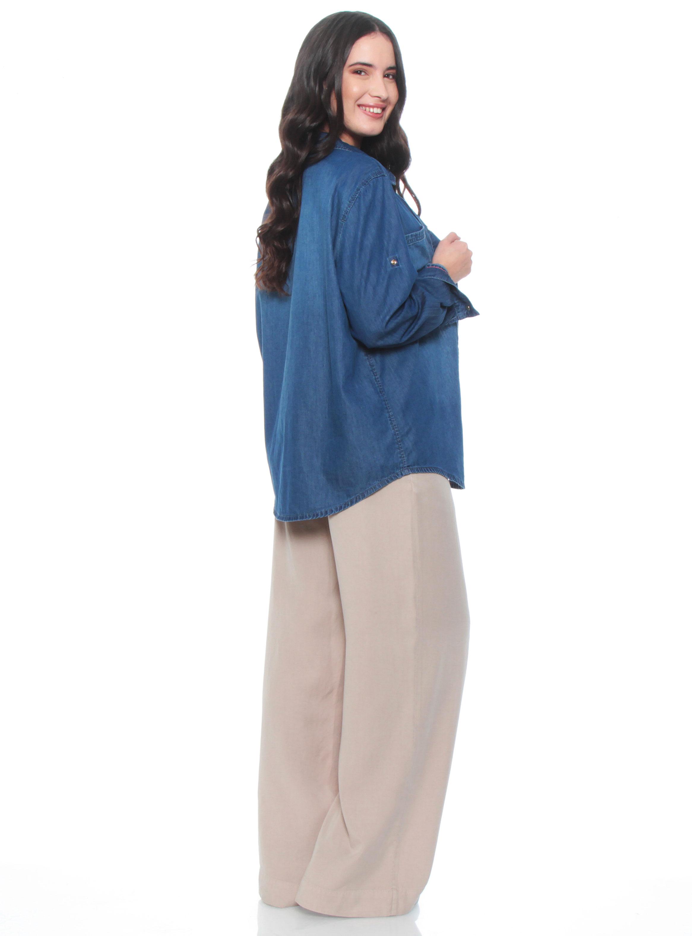 Blusa Denim Bordado con Cuello Camisero-4