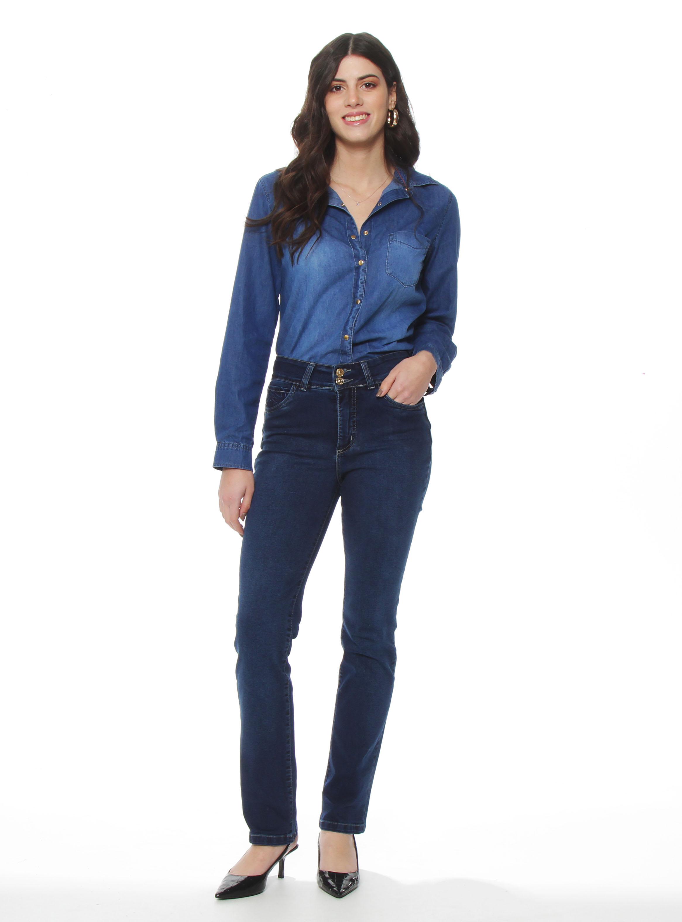 Jeans Recto Tiro Alto Pretina Media Bordado en Bolsillos-4