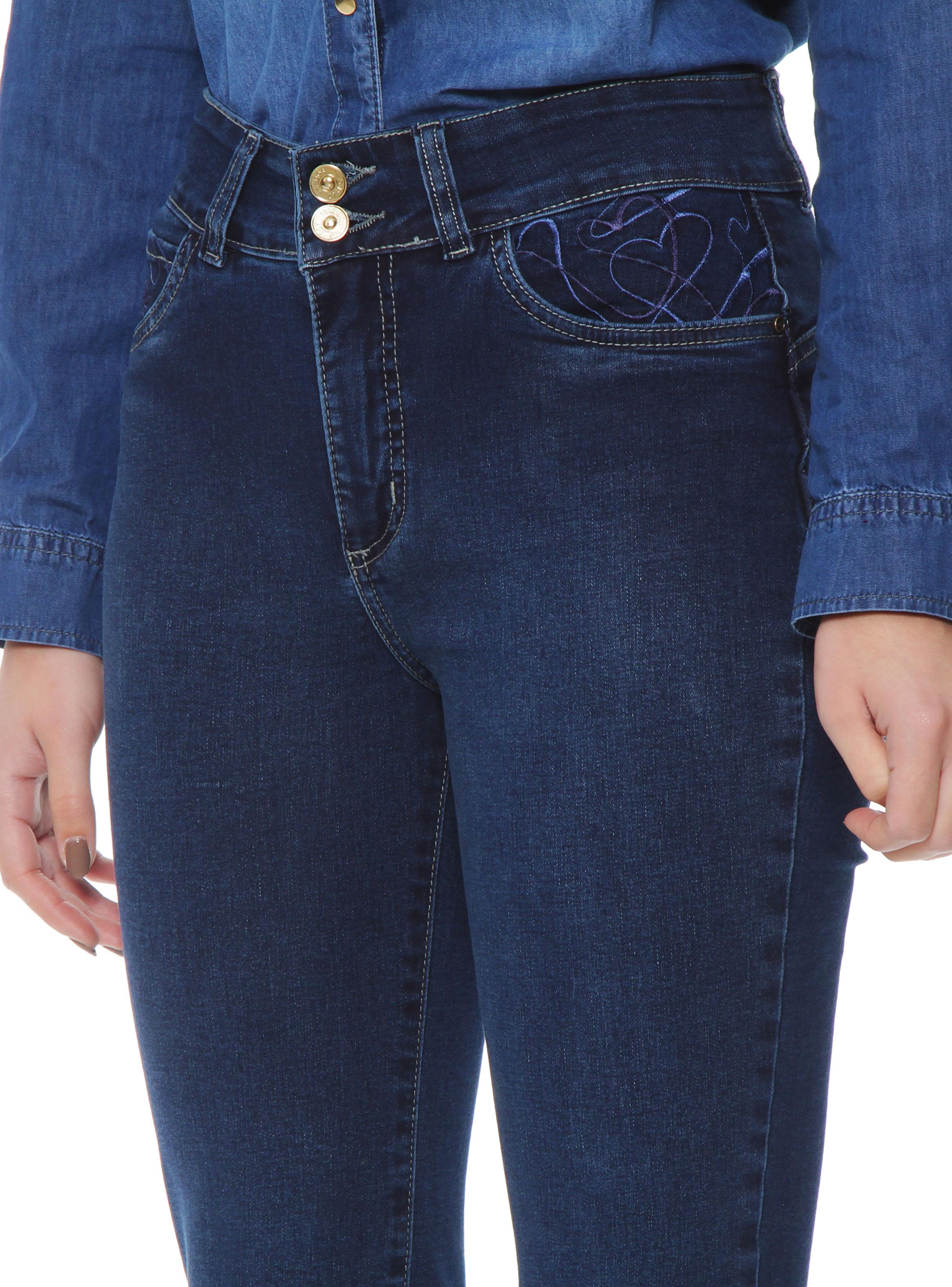 Jeans Recto Tiro Alto Pretina Media Bordado en Bolsillos-2